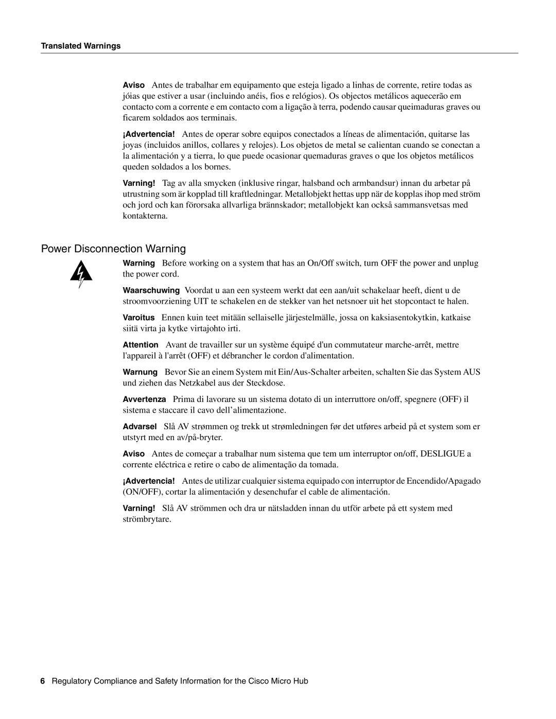 Cisco Systems CISCO1501 manual Power Disconnection Warning 