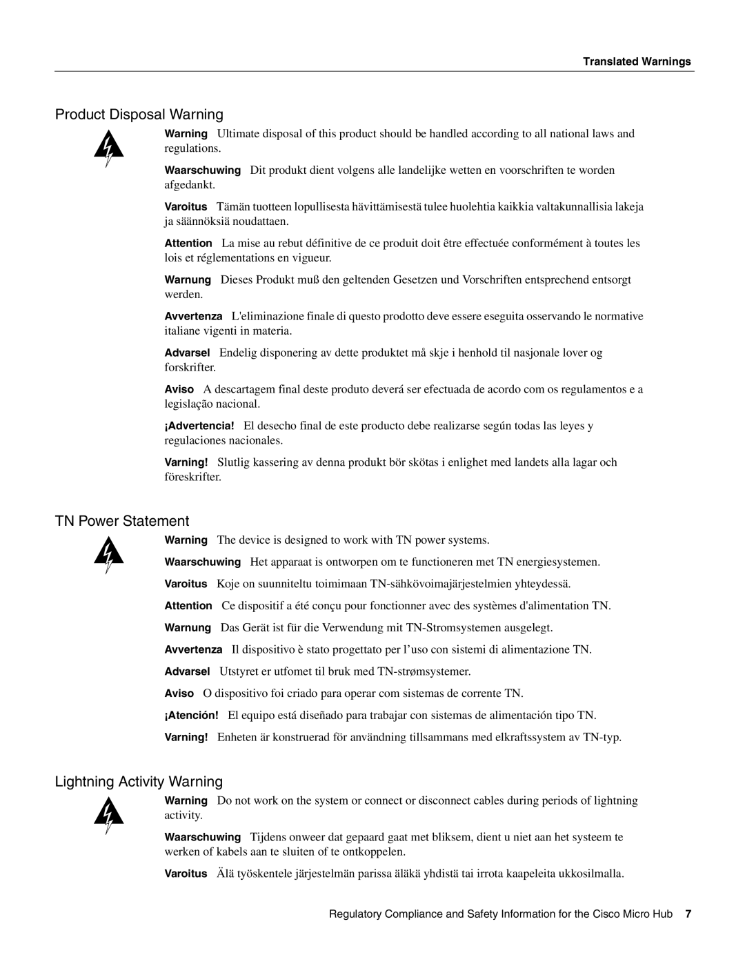 Cisco Systems CISCO1501 manual Product Disposal Warning, TN Power Statement, Lightning Activity Warning 