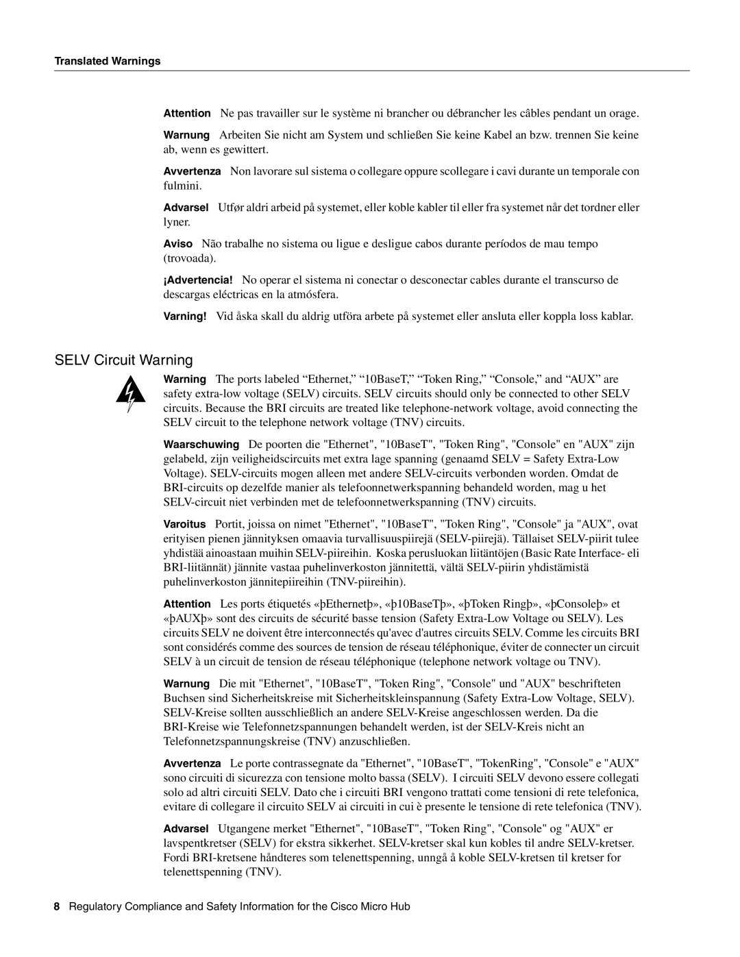 Cisco Systems CISCO1501 manual Selv Circuit Warning 