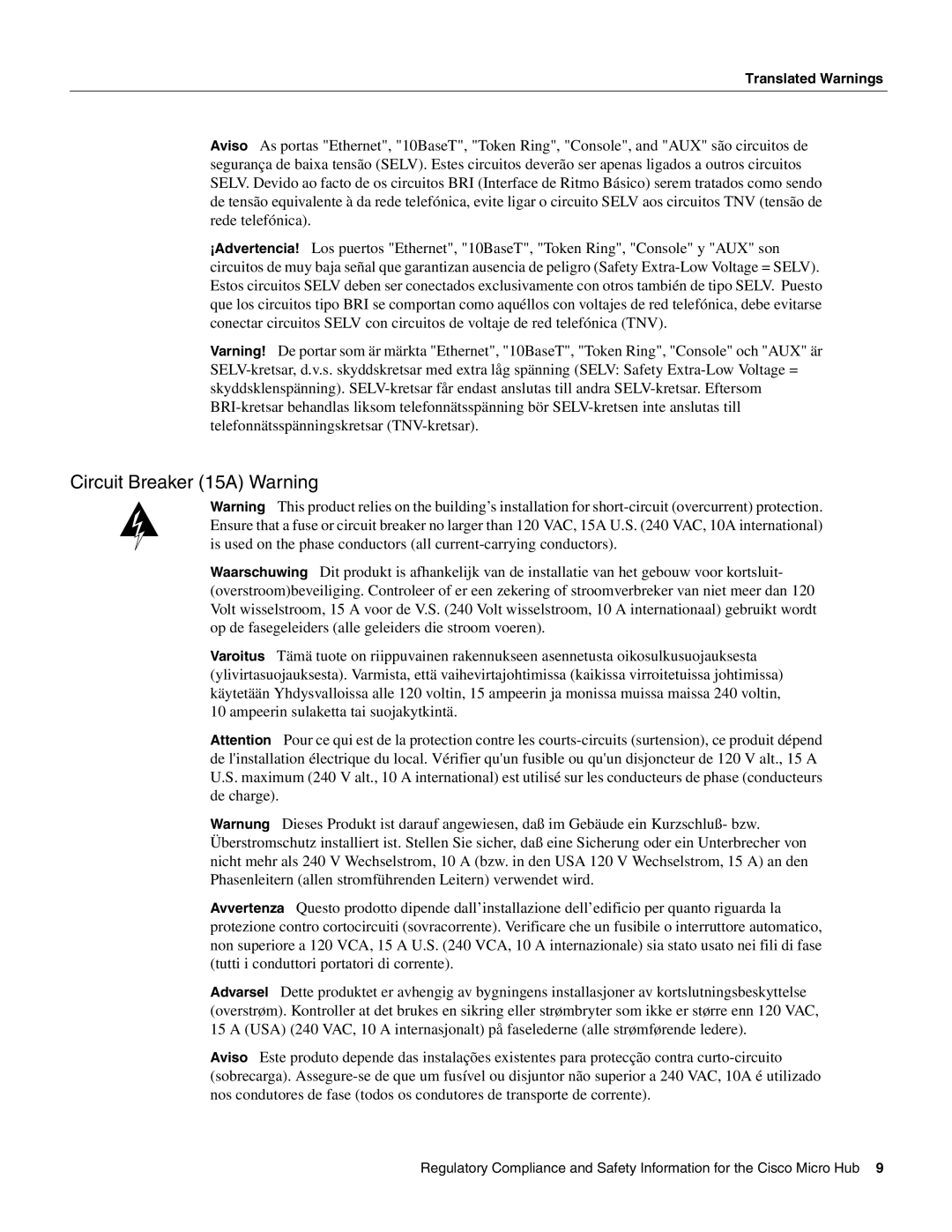 Cisco Systems CISCO1501 manual Circuit Breaker 15A Warning 