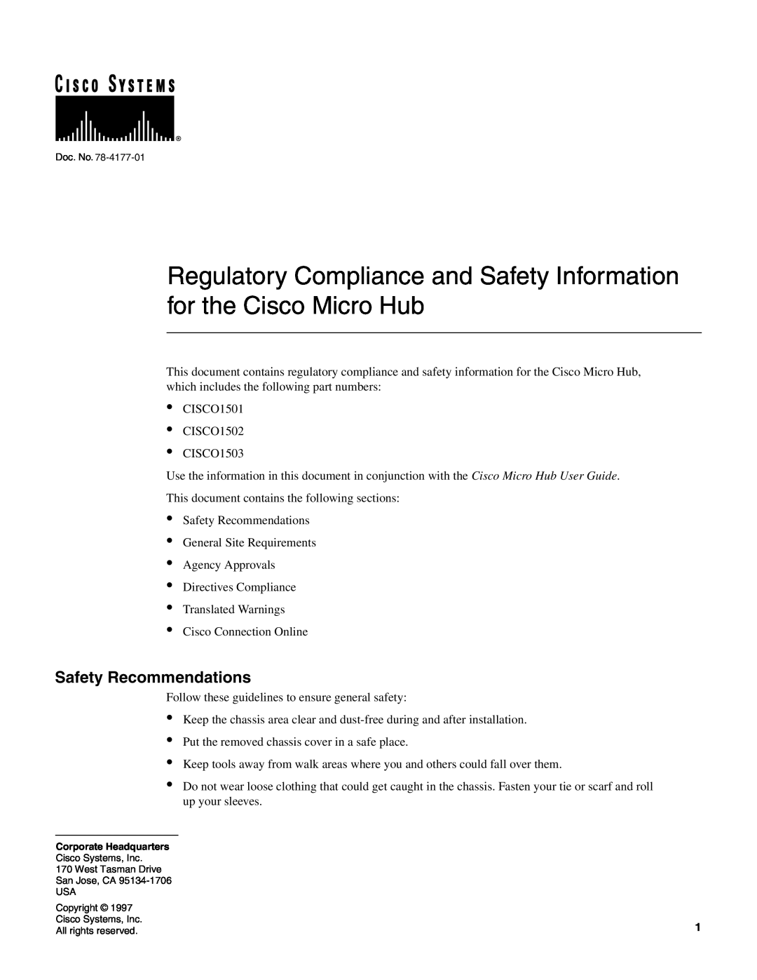 Cisco Systems CISCO1501 manual Safety Recommendations 