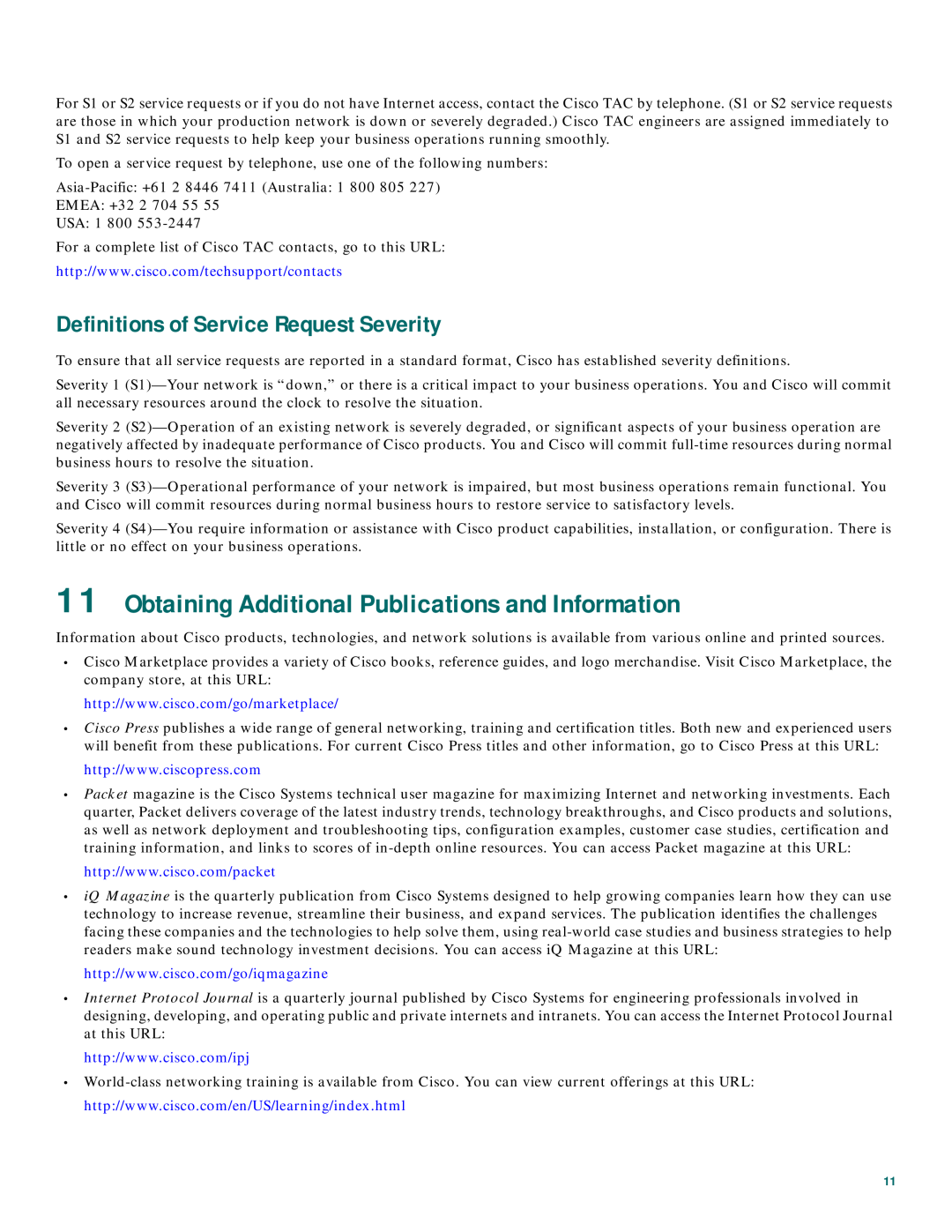 Cisco Systems CISCO1720 Obtaining Additional Publications and Information, Definitions of Service Request Severity 