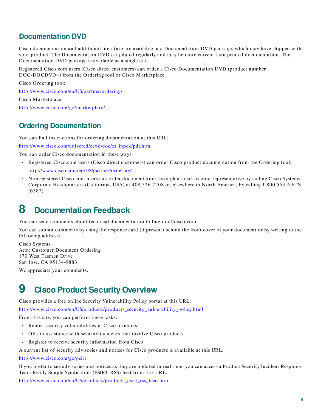 Cisco Systems CISCO1720 Documentation Feedback, Cisco Product Security Overview, Documentation DVD, Ordering Documentation 