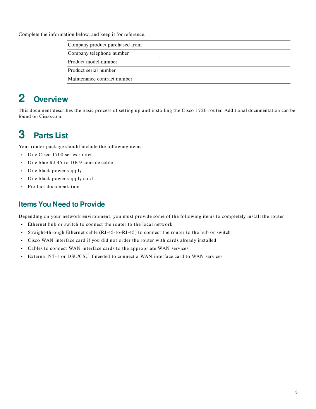 Cisco Systems CISCO1720 quick start Overview, Parts List, Items You Need to Provide 