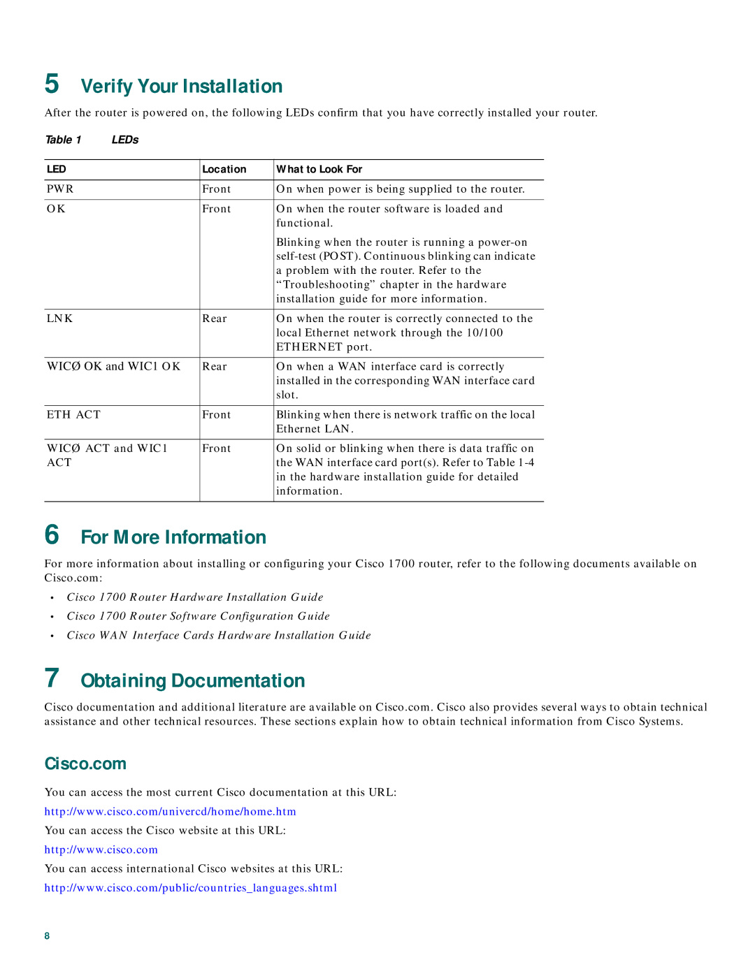 Cisco Systems CISCO1720 quick start Verify Your Installation, For More Information, Obtaining Documentation, Cisco.com 