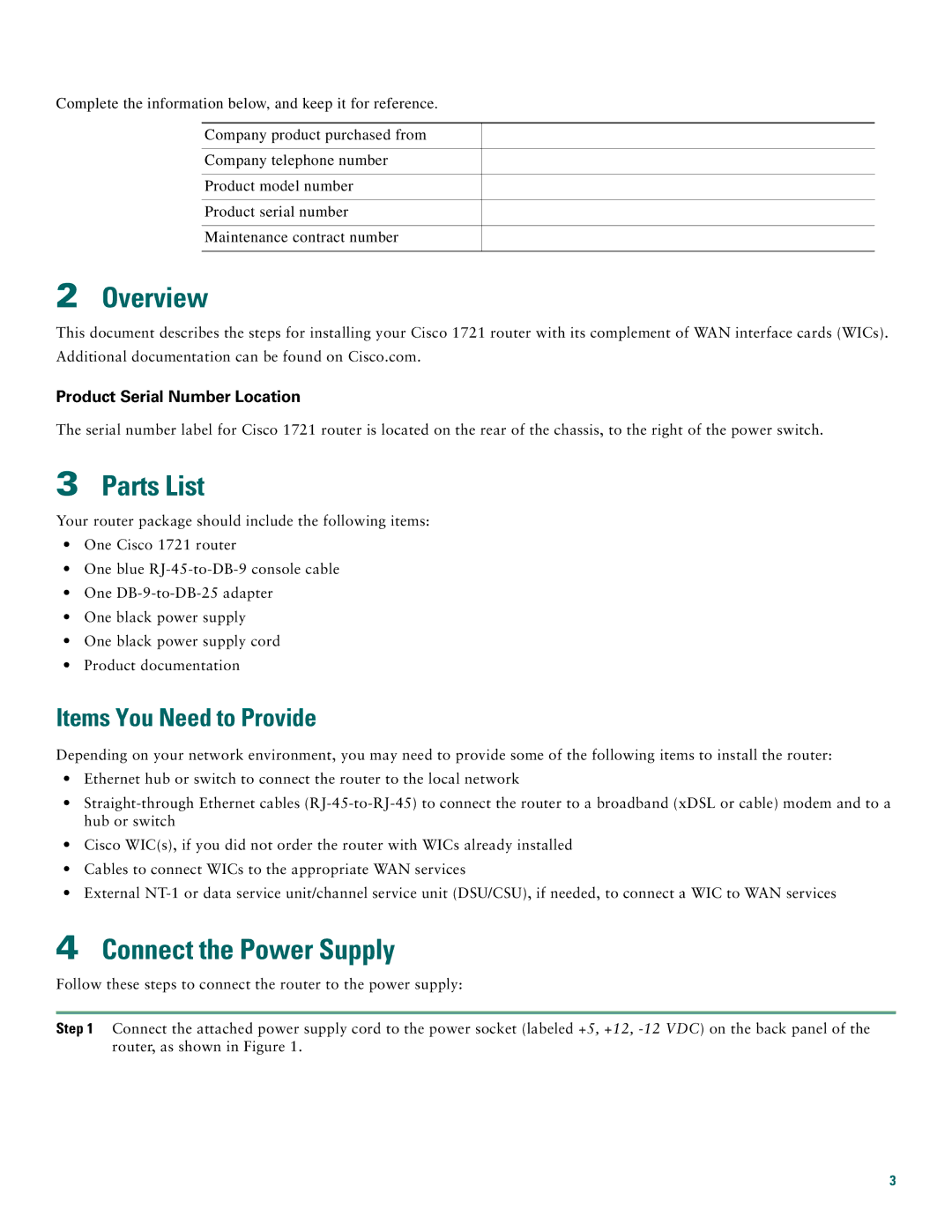 Cisco Systems CISCO1721 quick start Overview, Parts List, Connect the Power Supply, Items You Need to Provide 