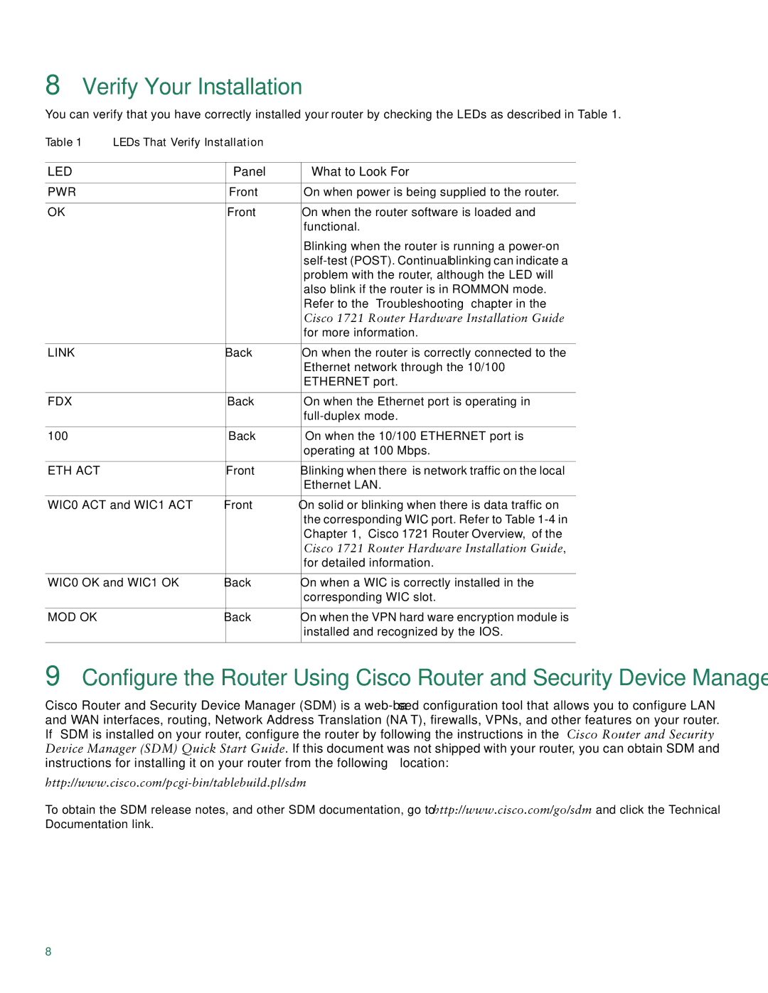 Cisco Systems CISCO1721 quick start Verify Your Installation, Led 