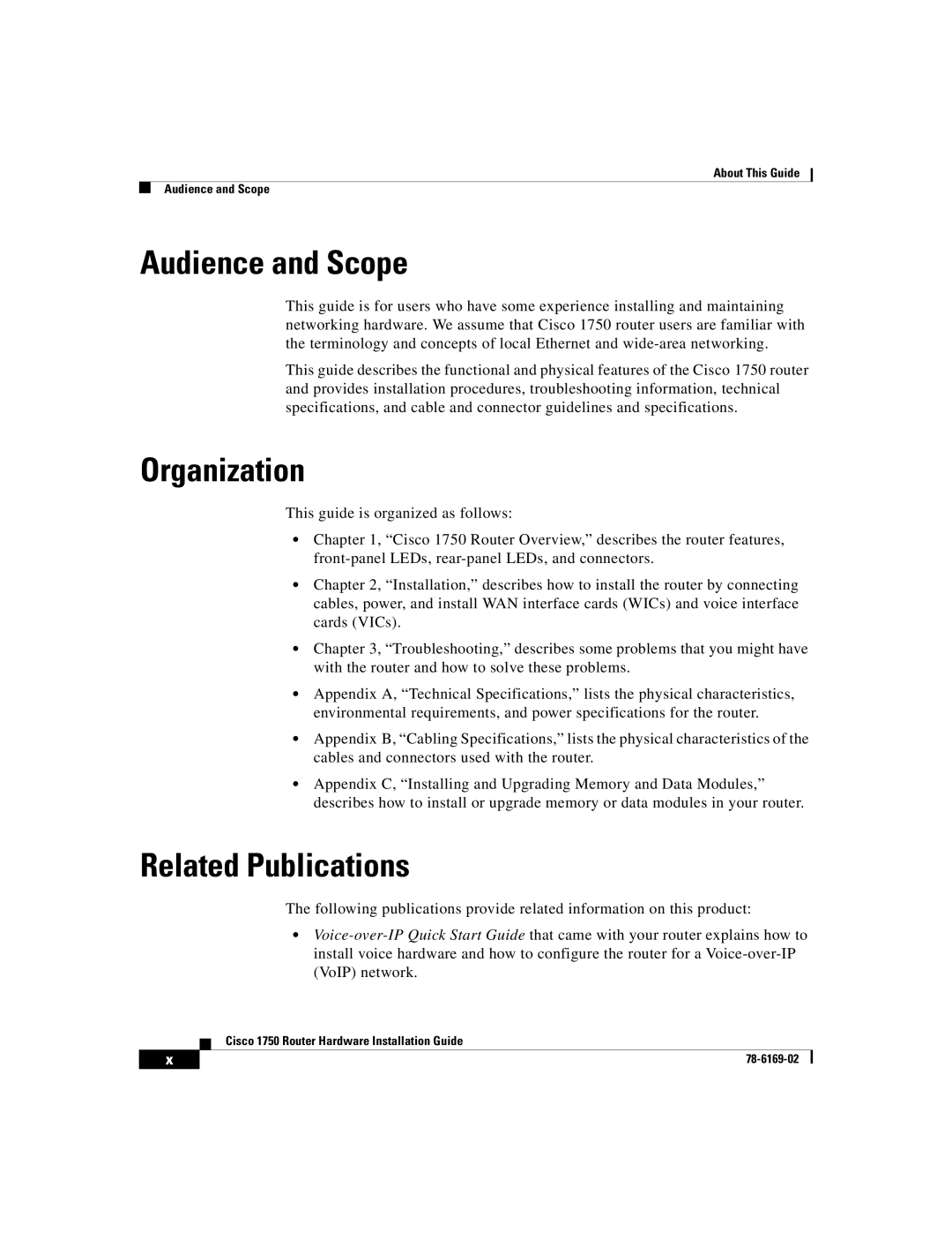 Cisco Systems CISCO1750 manual Audience and Scope, Organization, Related Publications 