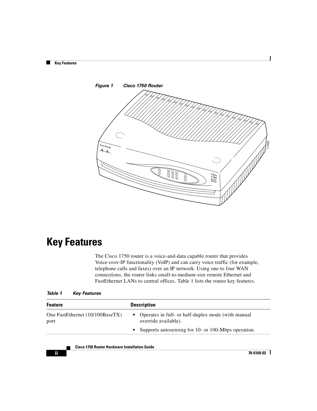 Cisco Systems CISCO1750 manual Key Features, Feature Description 