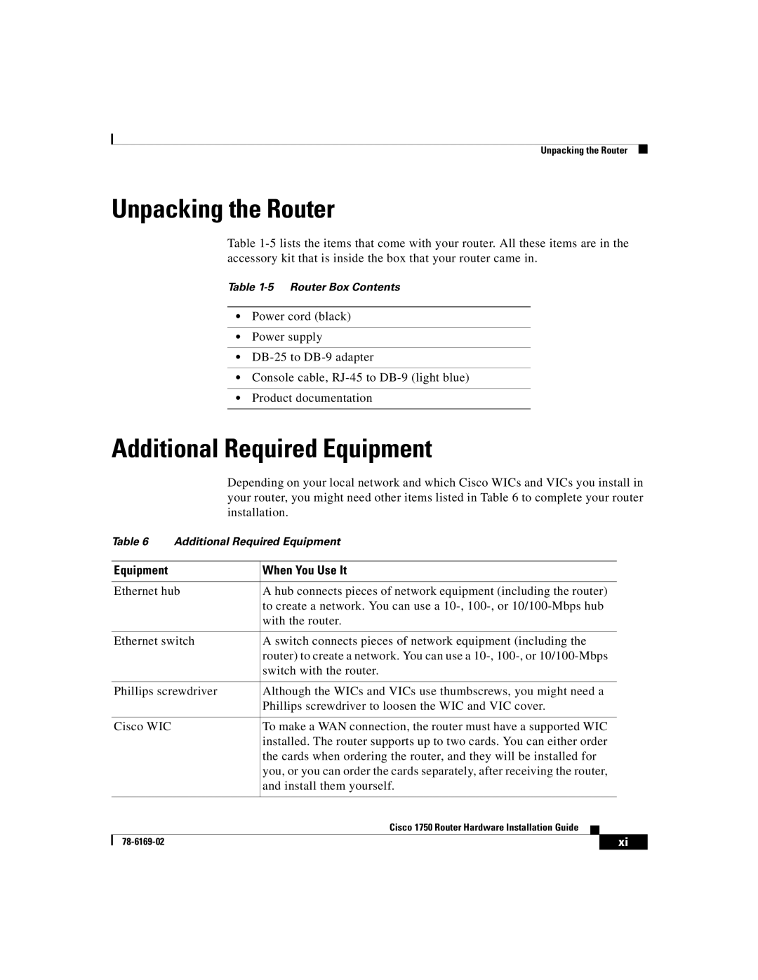 Cisco Systems CISCO1750 manual Unpacking the Router, Additional Required Equipment, Equipment When You Use It 