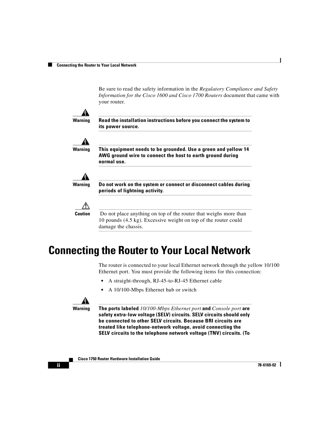 Cisco Systems CISCO1750 manual Connecting the Router to Your Local Network 