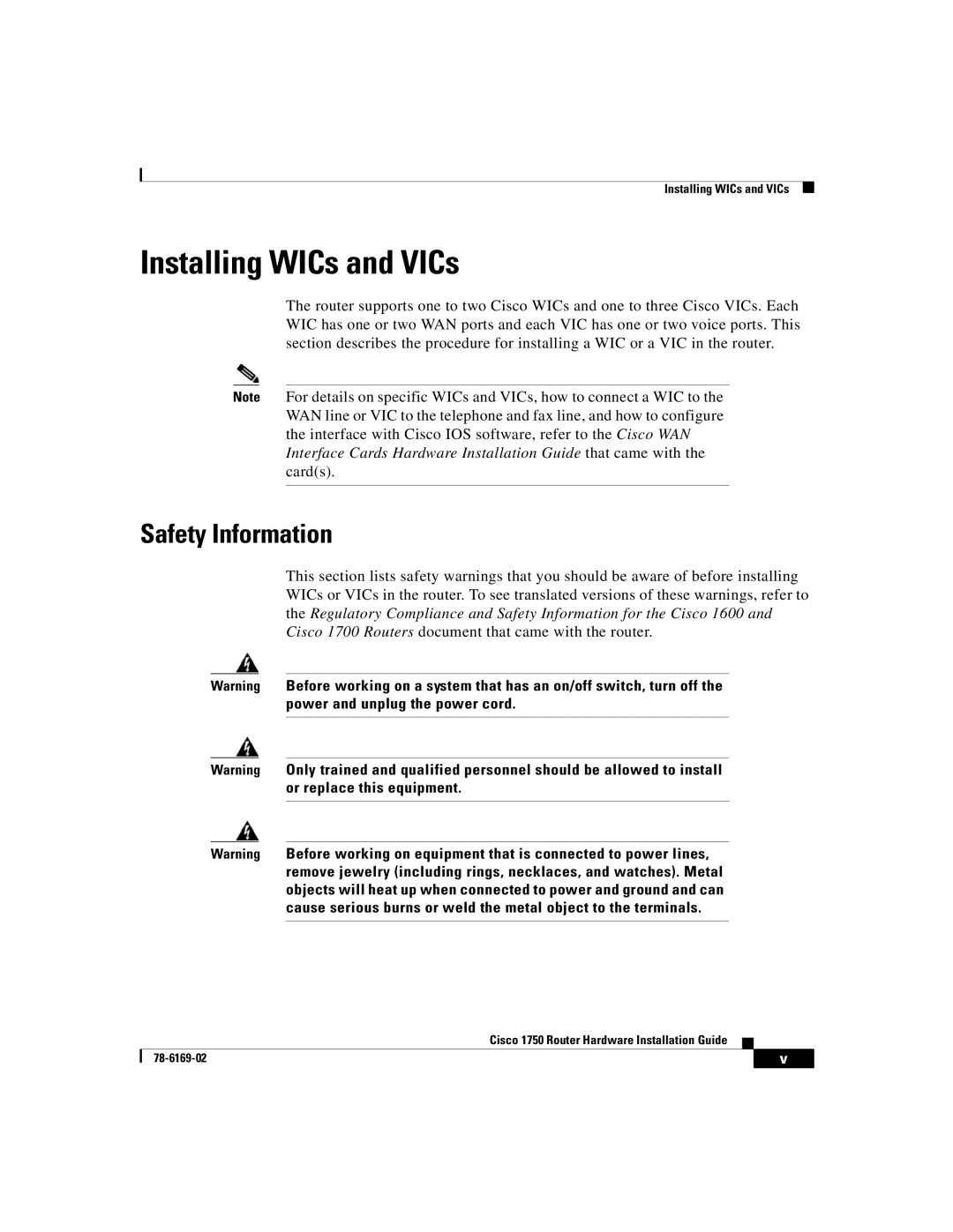 Cisco Systems CISCO1750 manual Installing WICs and VICs, Safety Information 