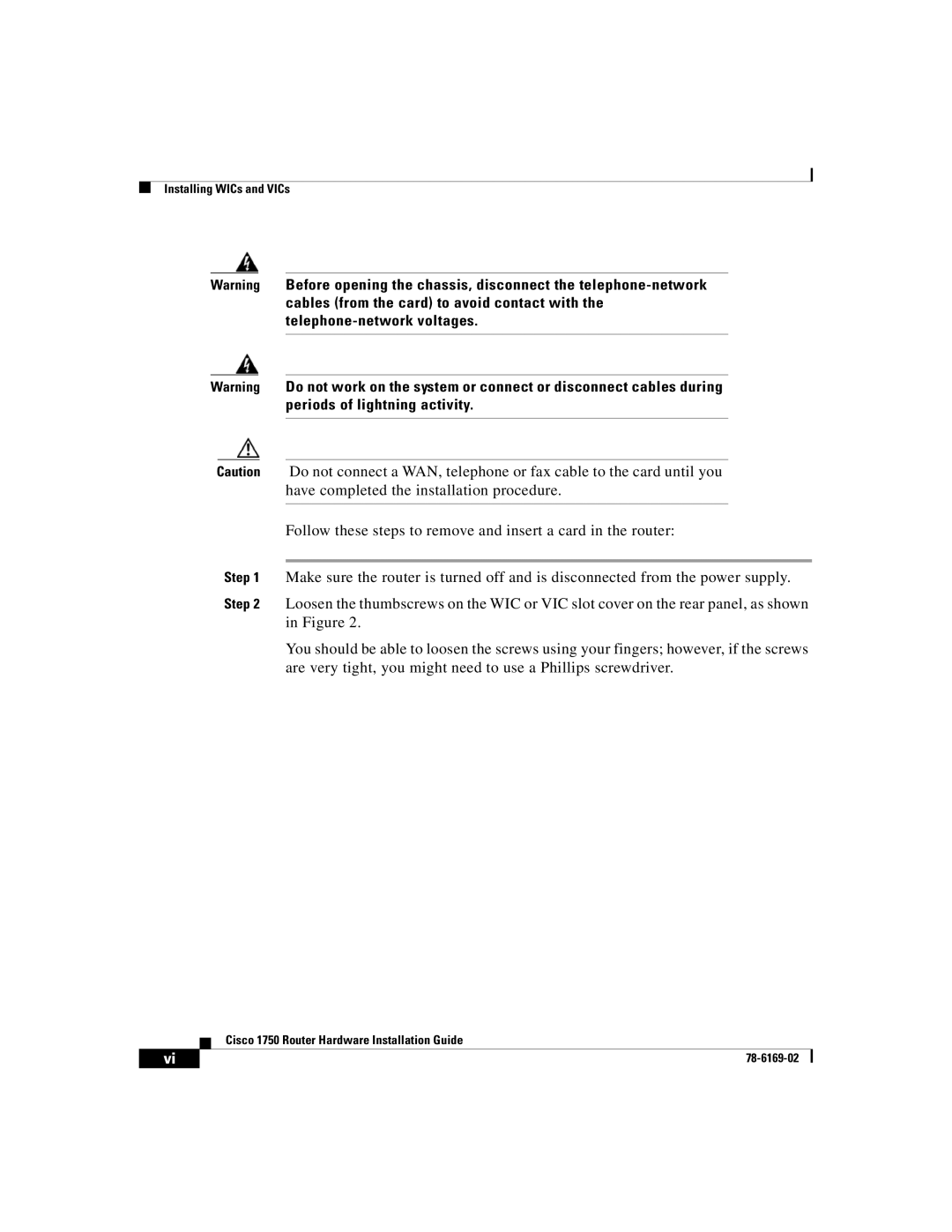 Cisco Systems CISCO1750 manual Installing WICs and VICs 