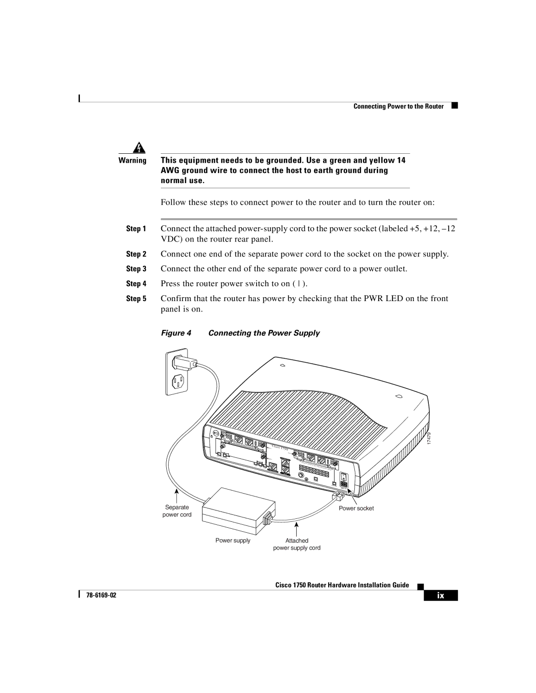 Cisco Systems CISCO1750 manual Connecting the Power Supply 