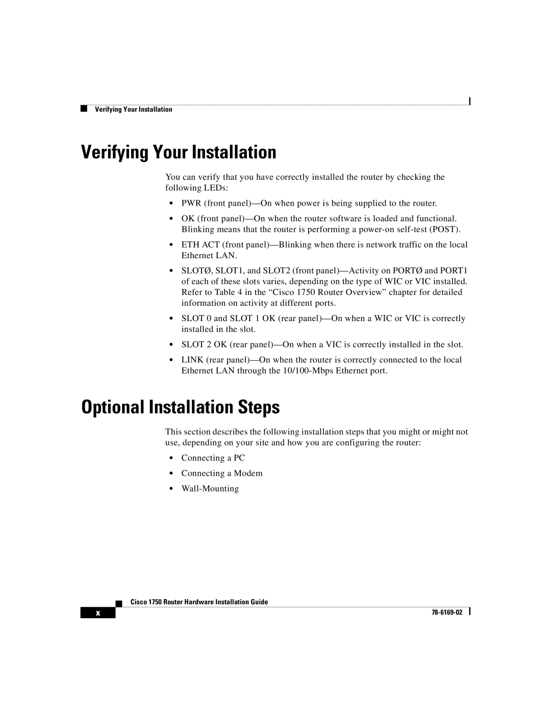 Cisco Systems CISCO1750 manual Verifying Your Installation, Optional Installation Steps 