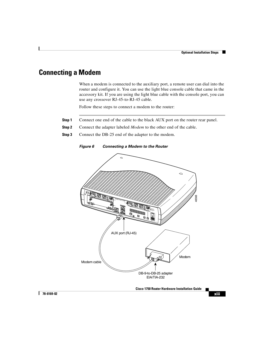 Cisco Systems CISCO1750 manual Connecting a Modem 