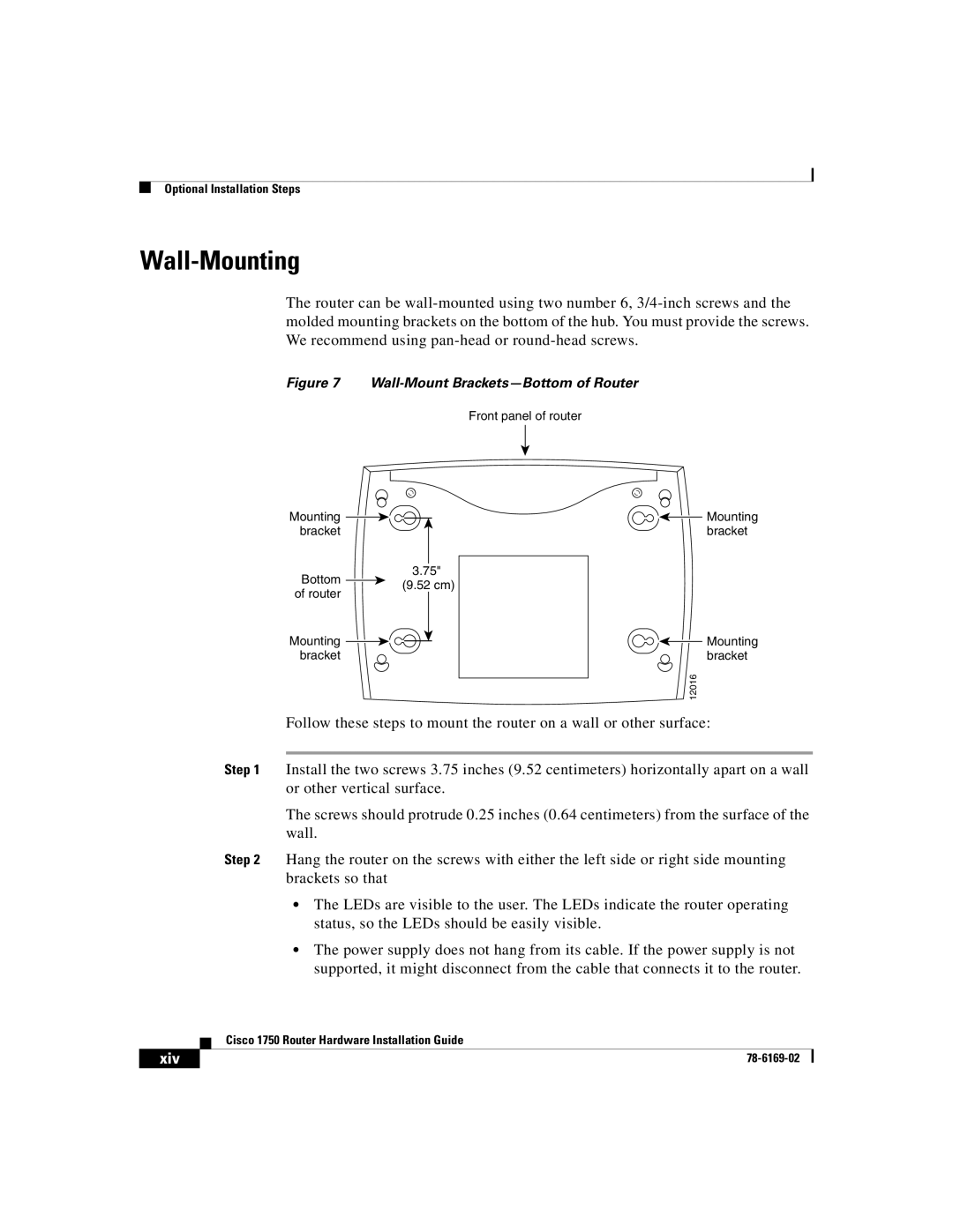 Cisco Systems CISCO1750 manual Wall-Mounting, Wall-Mount Brackets-Bottom of Router 