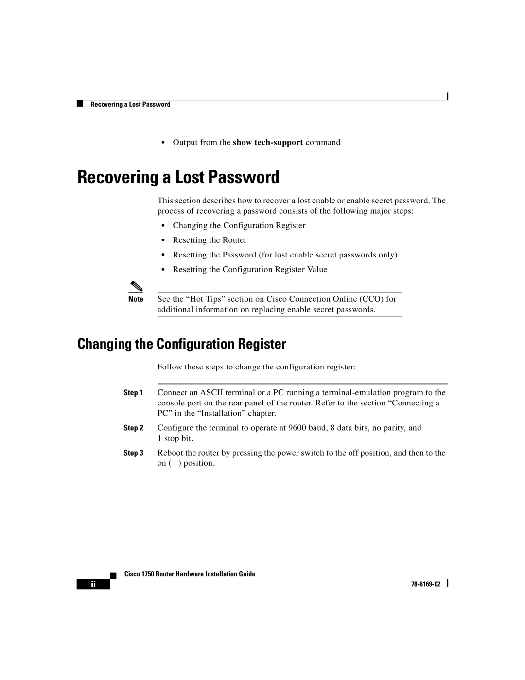 Cisco Systems CISCO1750 manual Recovering a Lost Password, Changing the Configuration Register 