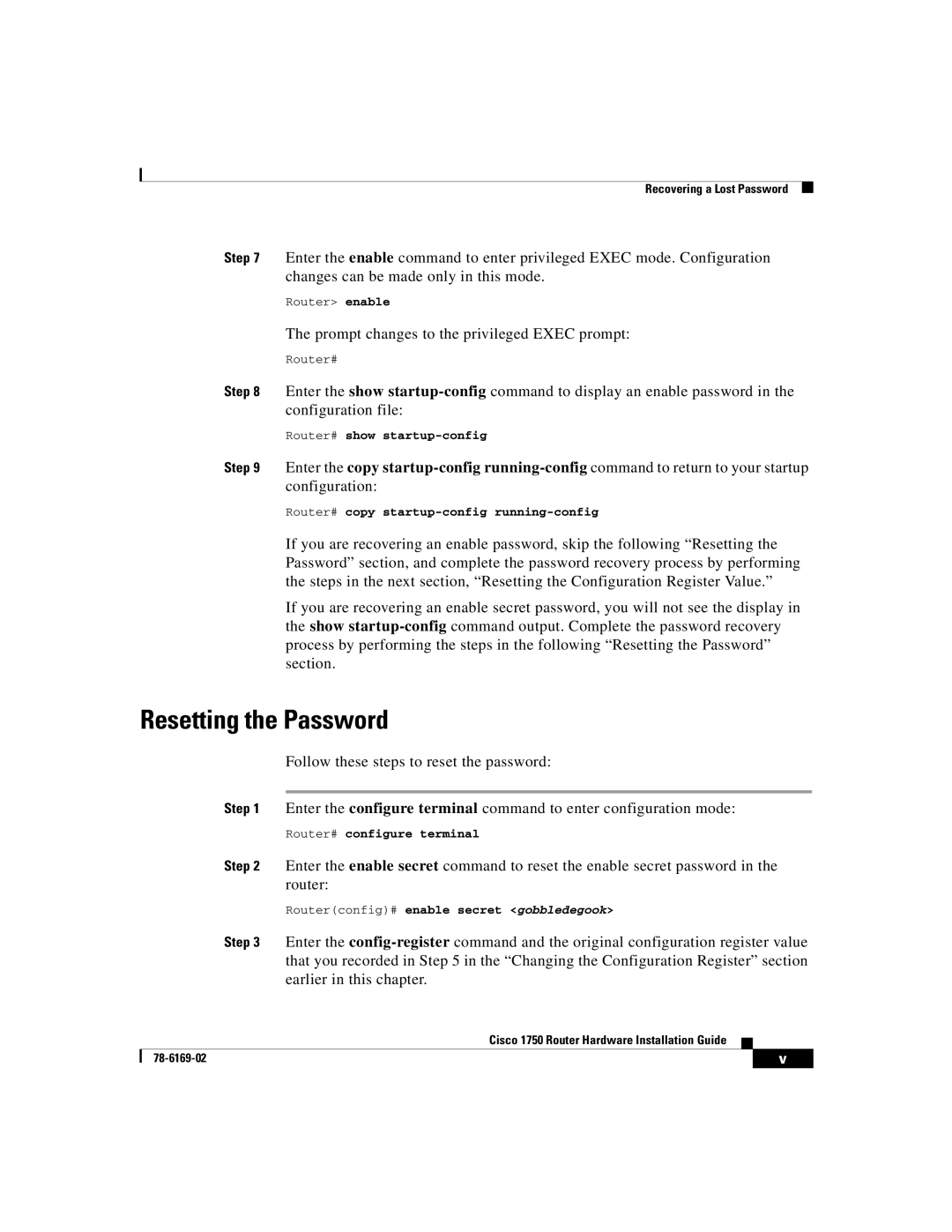 Cisco Systems CISCO1750 manual Resetting the Password 