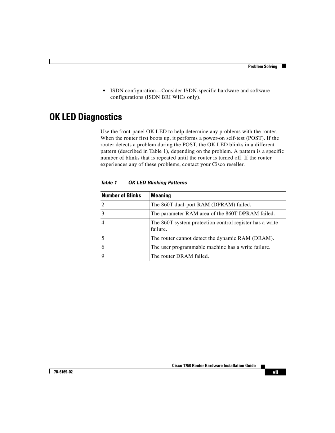 Cisco Systems CISCO1750 manual OK LED Diagnostics, Number of Blinks Meaning 