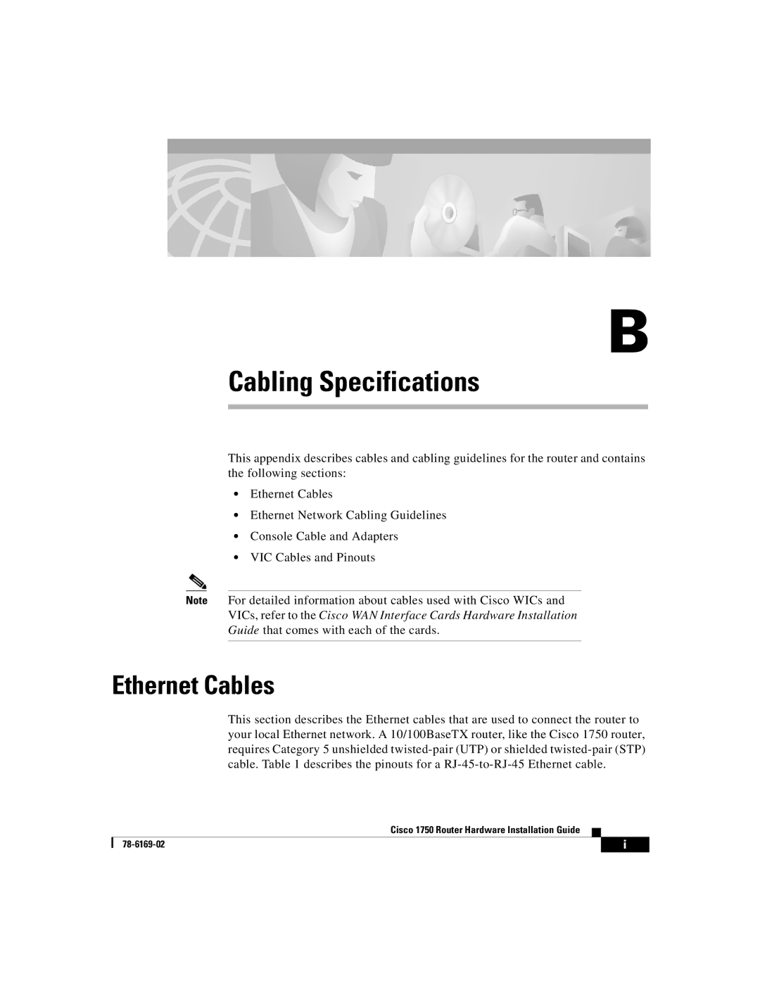 Cisco Systems CISCO1750 manual Cabling Specifications, Ethernet Cables 