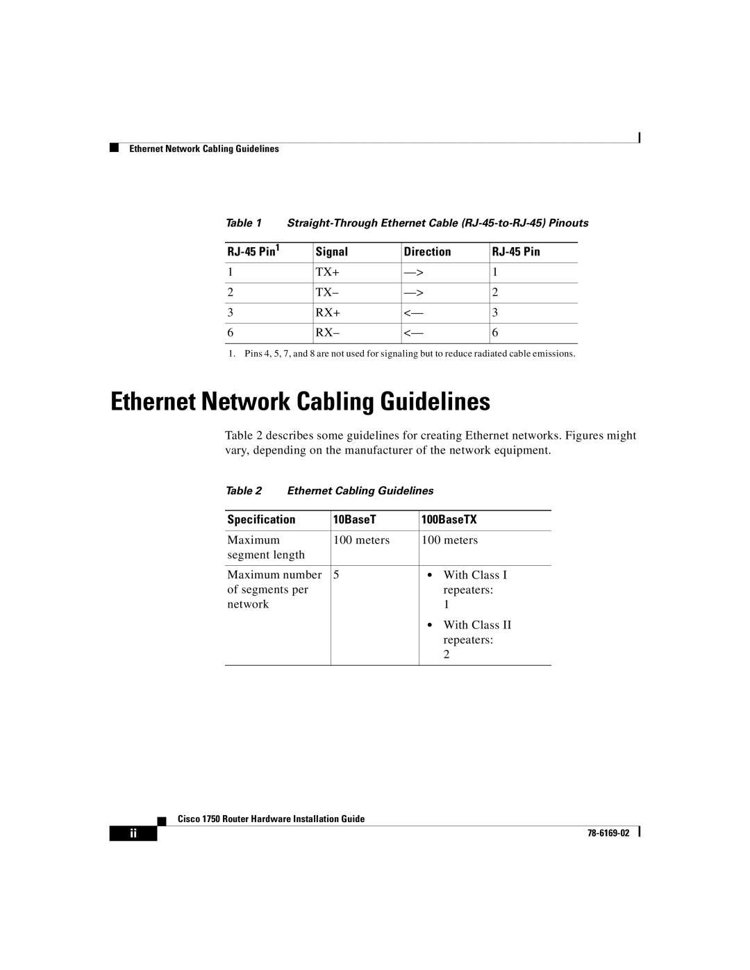 Cisco Systems CISCO1750 manual Ethernet Network Cabling Guidelines, RJ-45 Pin Signal Direction, Tx+ Rx+ 