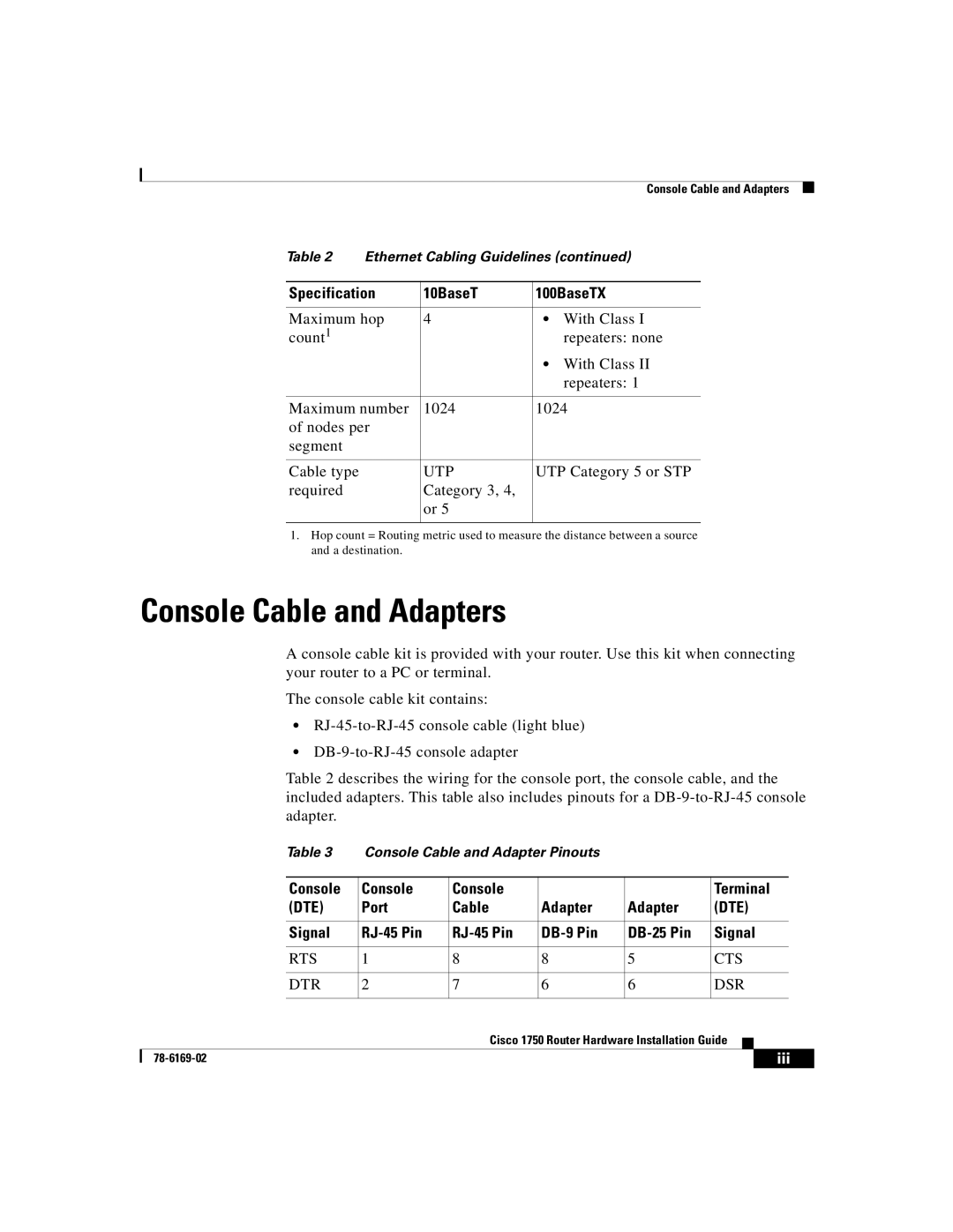 Cisco Systems CISCO1750 manual Console Cable and Adapters, Utp, Console Terminal, Port Cable Adapter 