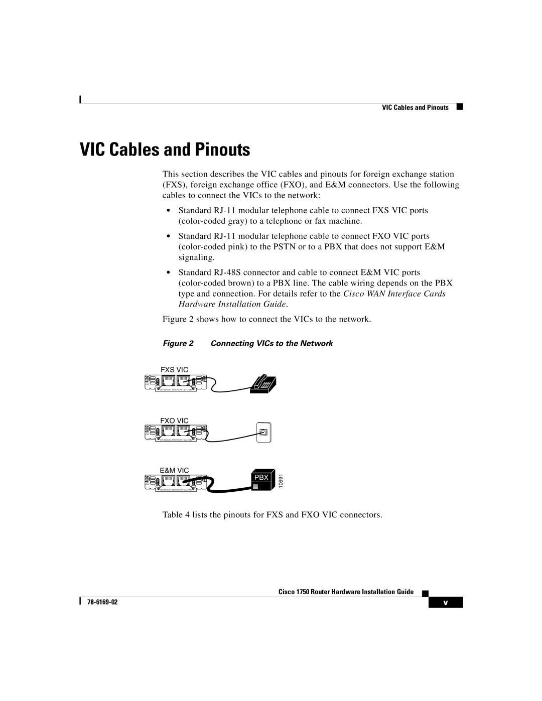 Cisco Systems CISCO1750 manual VIC Cables and Pinouts, Shows how to connect the VICs to the network 