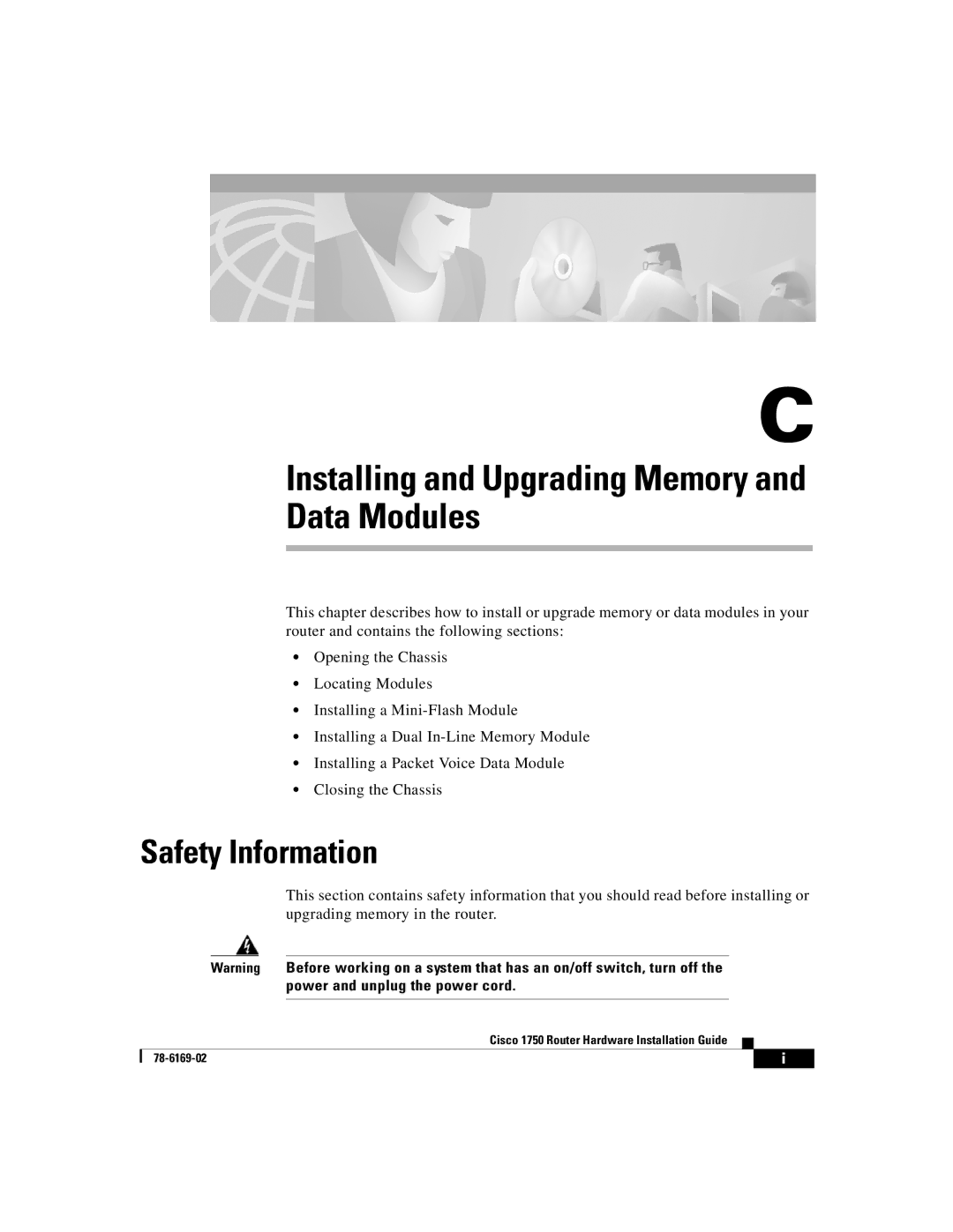 Cisco Systems CISCO1750 manual Installing and Upgrading Memory and Data Modules, Safety Information 