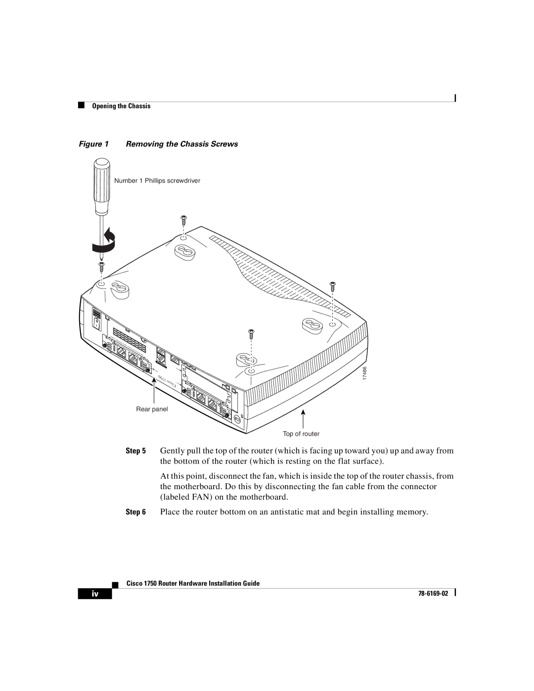 Cisco Systems CISCO1750 manual Removing the Chassis Screws 