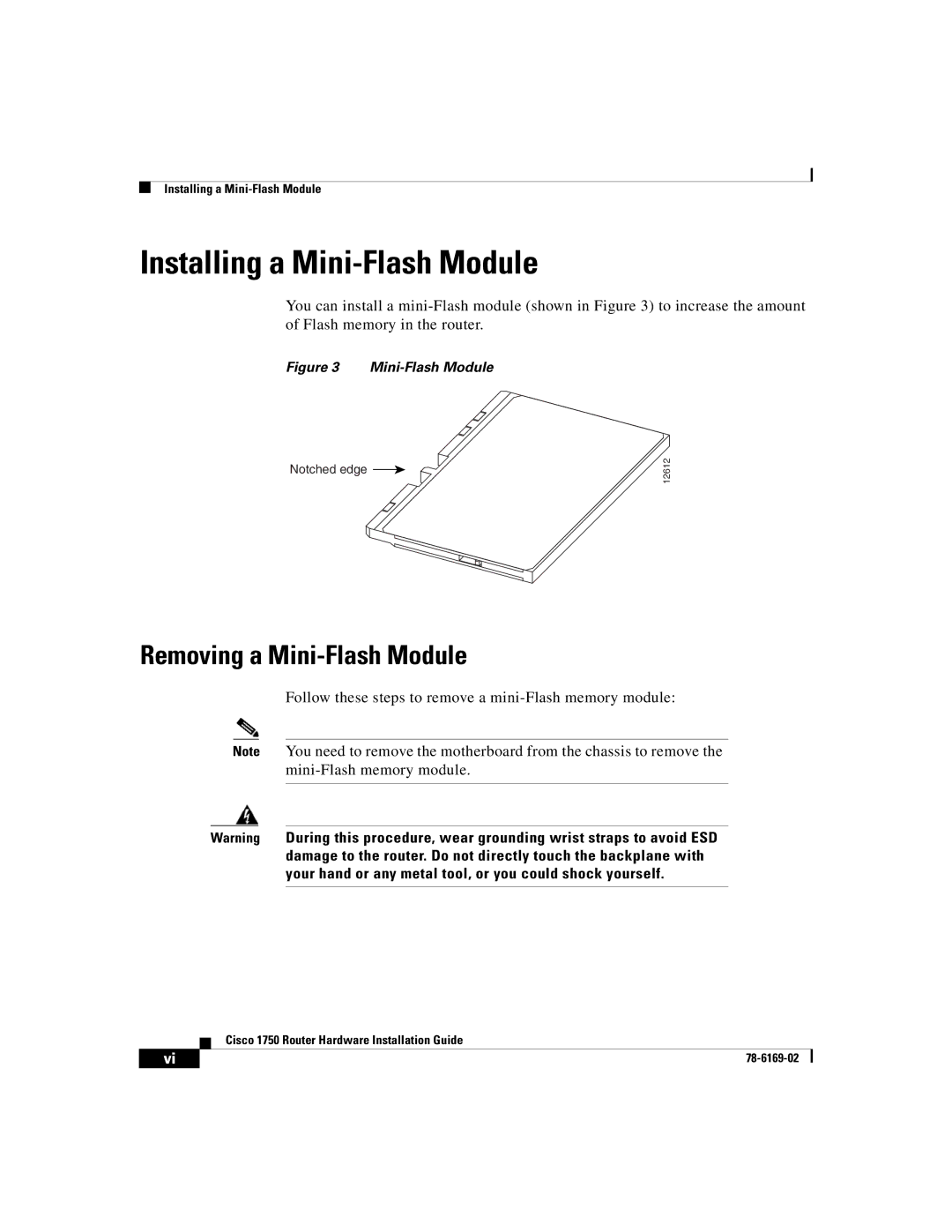 Cisco Systems CISCO1750 manual Installing a Mini-Flash Module, Removing a Mini-Flash Module 