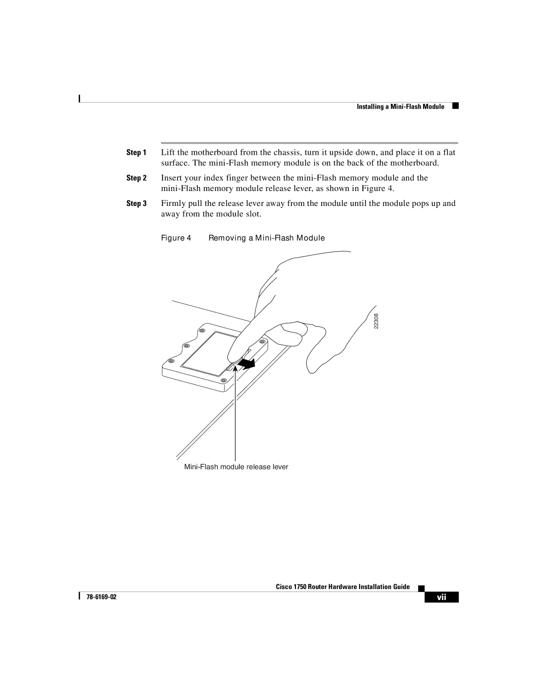 Cisco Systems CISCO1750 manual Removing a Mini-Flash Module 