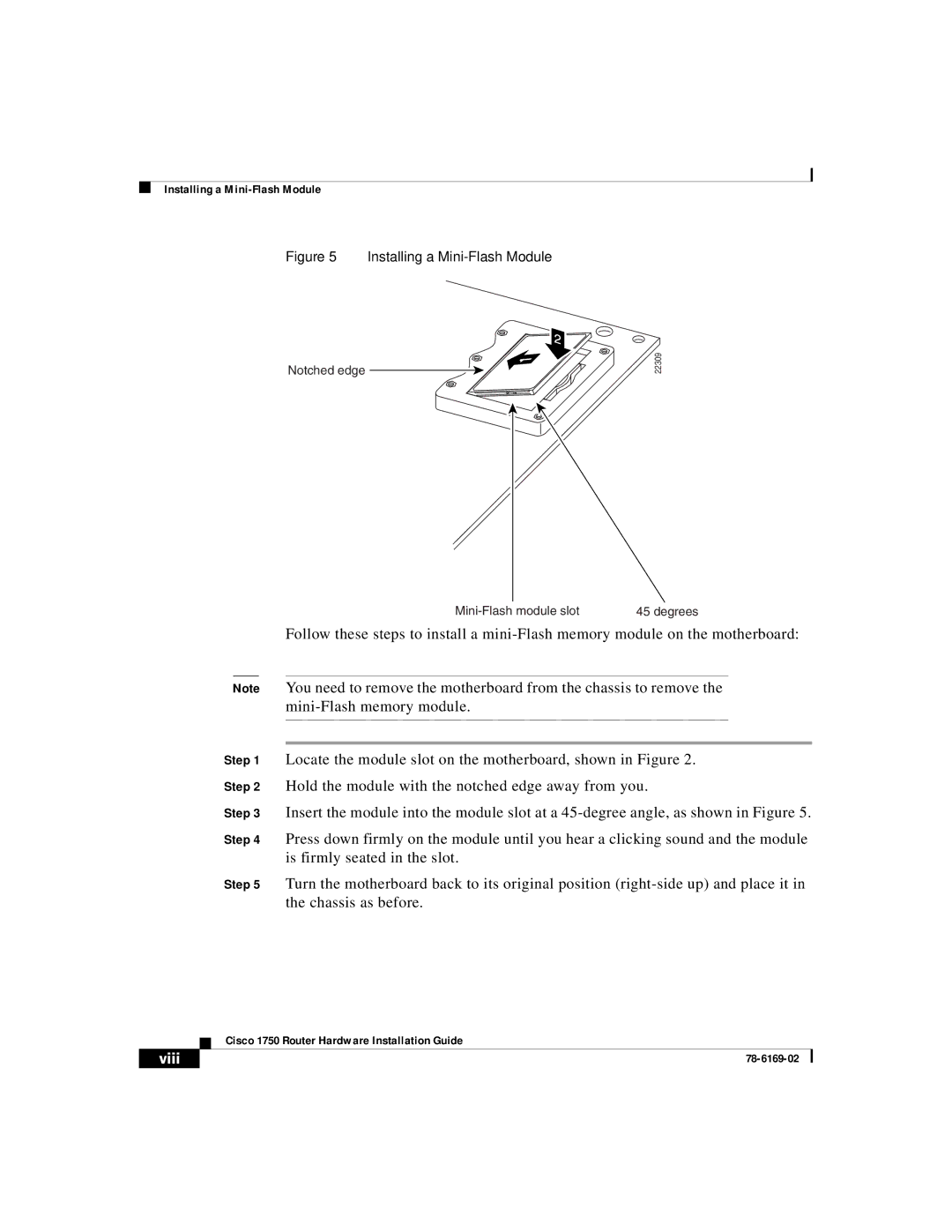 Cisco Systems CISCO1750 manual Installing a Mini-Flash Module 