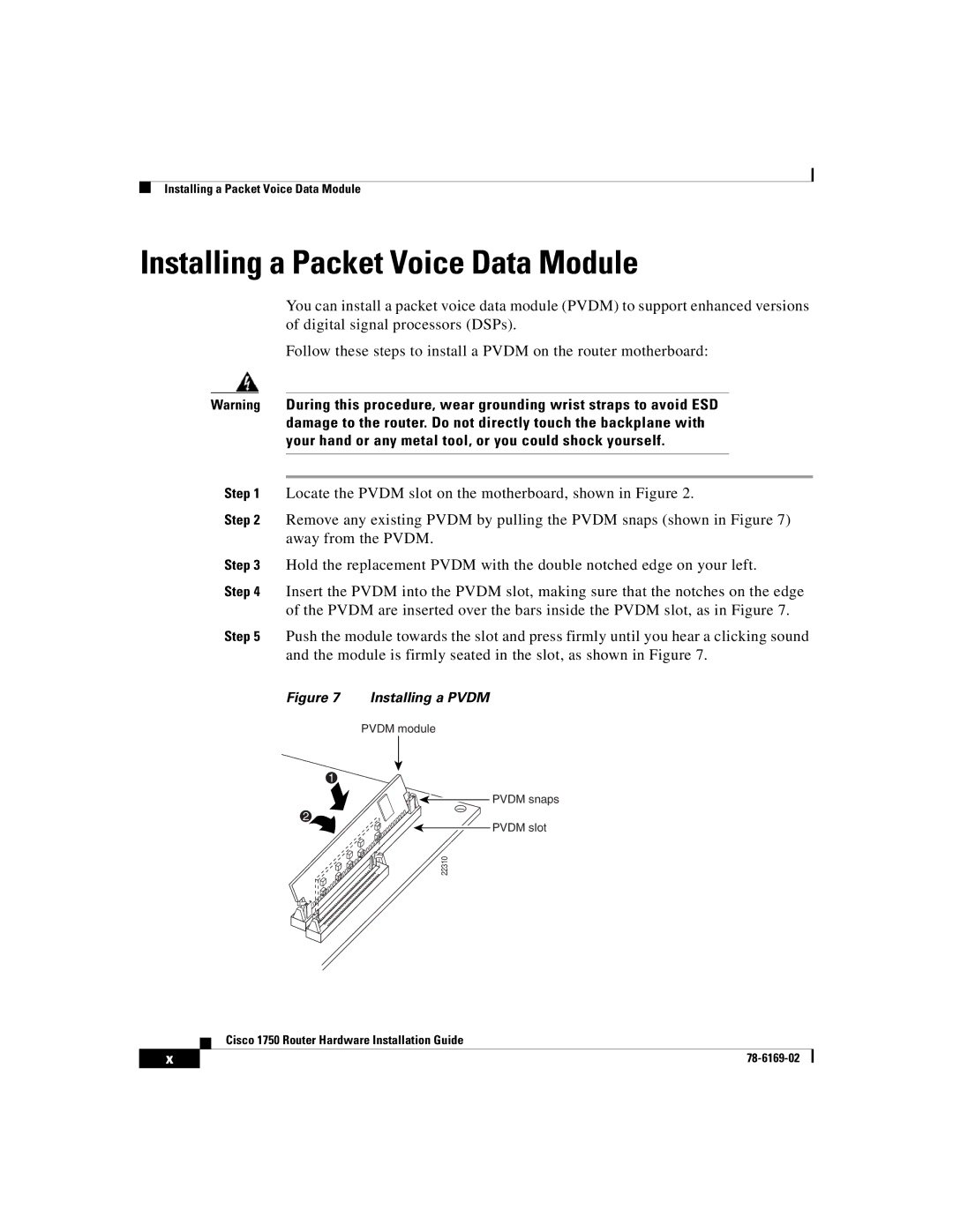 Cisco Systems CISCO1750 manual Installing a Packet Voice Data Module, Installing a Pvdm 