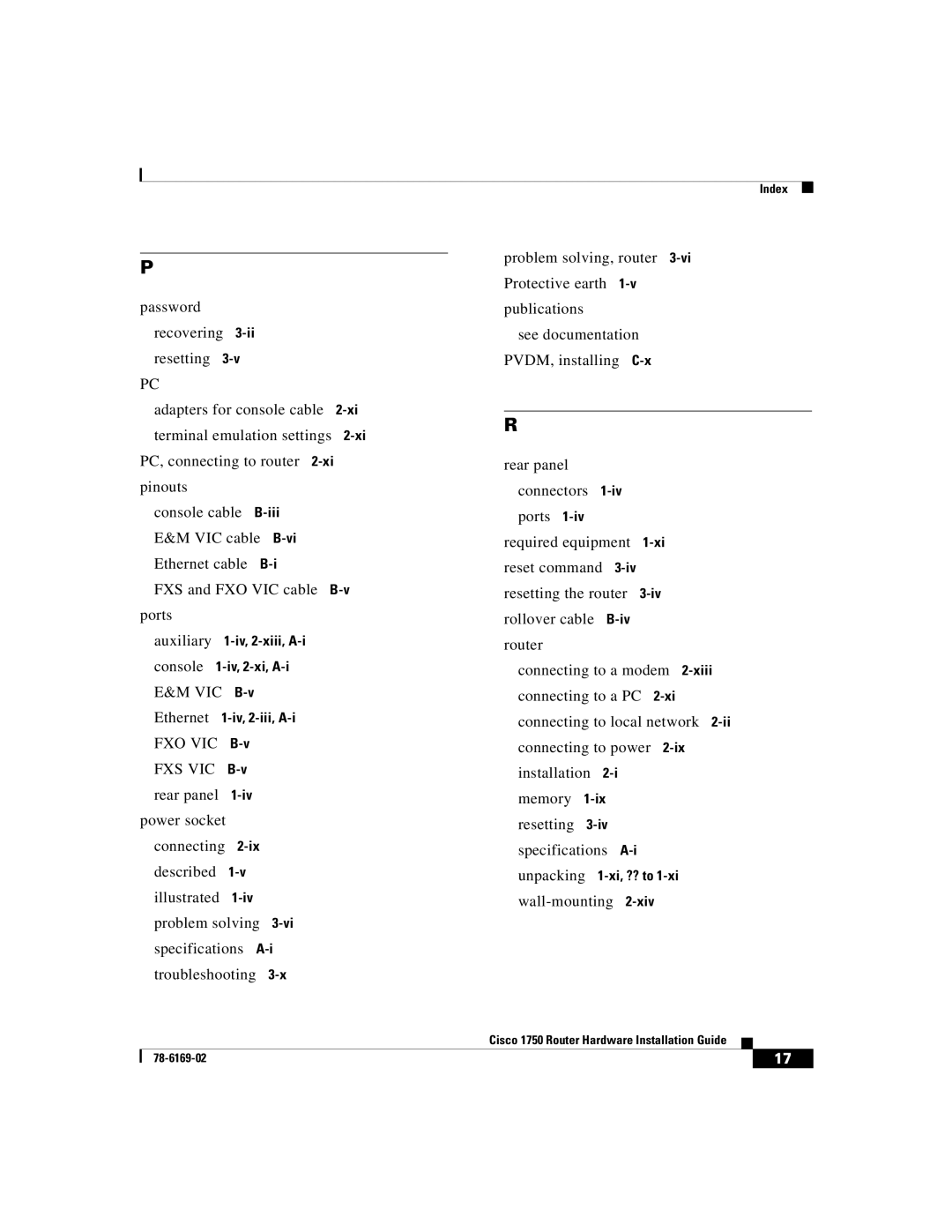 Cisco Systems CISCO1750 manual Index 