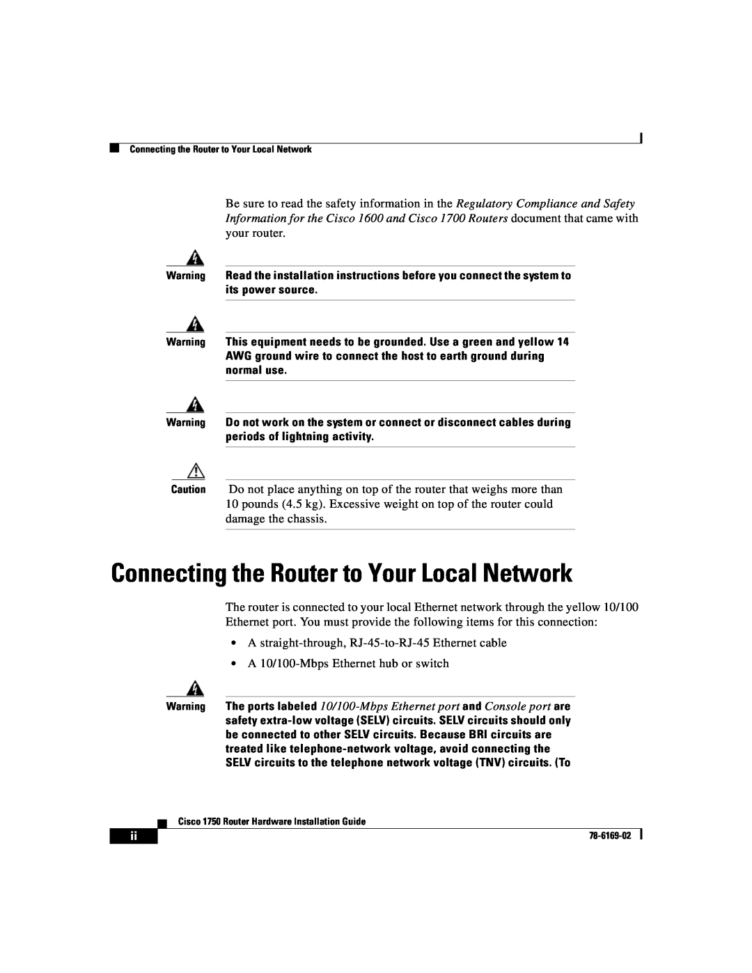 Cisco Systems CISCO1750 manual Connecting the Router to Your Local Network 