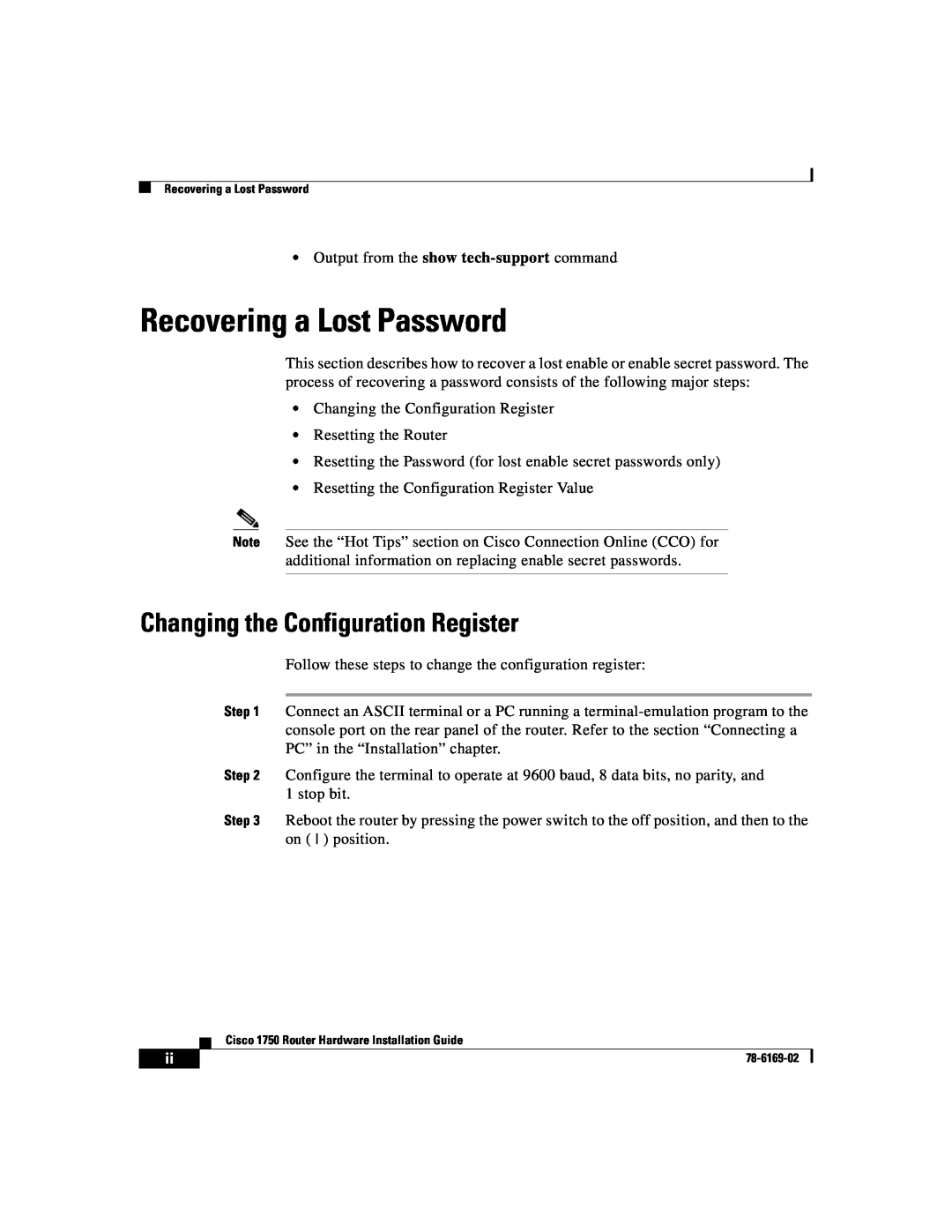 Cisco Systems CISCO1750 manual Recovering a Lost Password, Changing the Configuration Register 