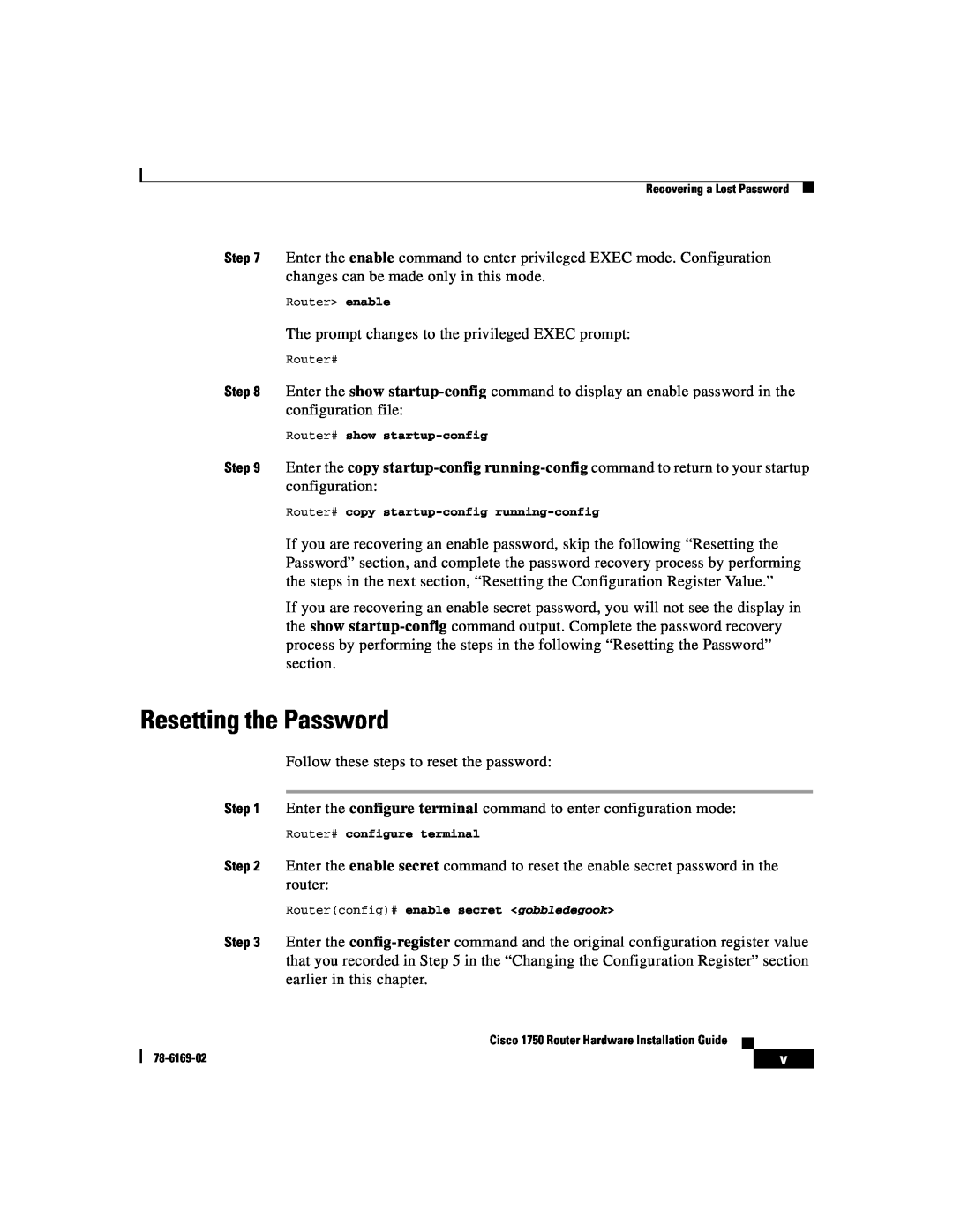 Cisco Systems CISCO1750 manual Resetting the Password 