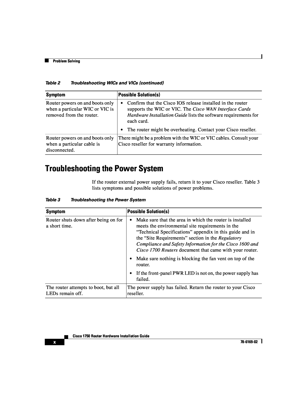 Cisco Systems CISCO1750 manual Troubleshooting the Power System, Compliance and Safety Information for the Cisco 1600 and 