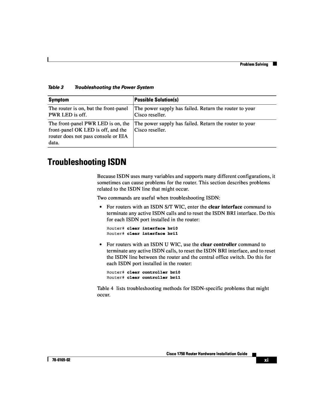 Cisco Systems CISCO1750 manual Troubleshooting ISDN, Troubleshooting the Power System 