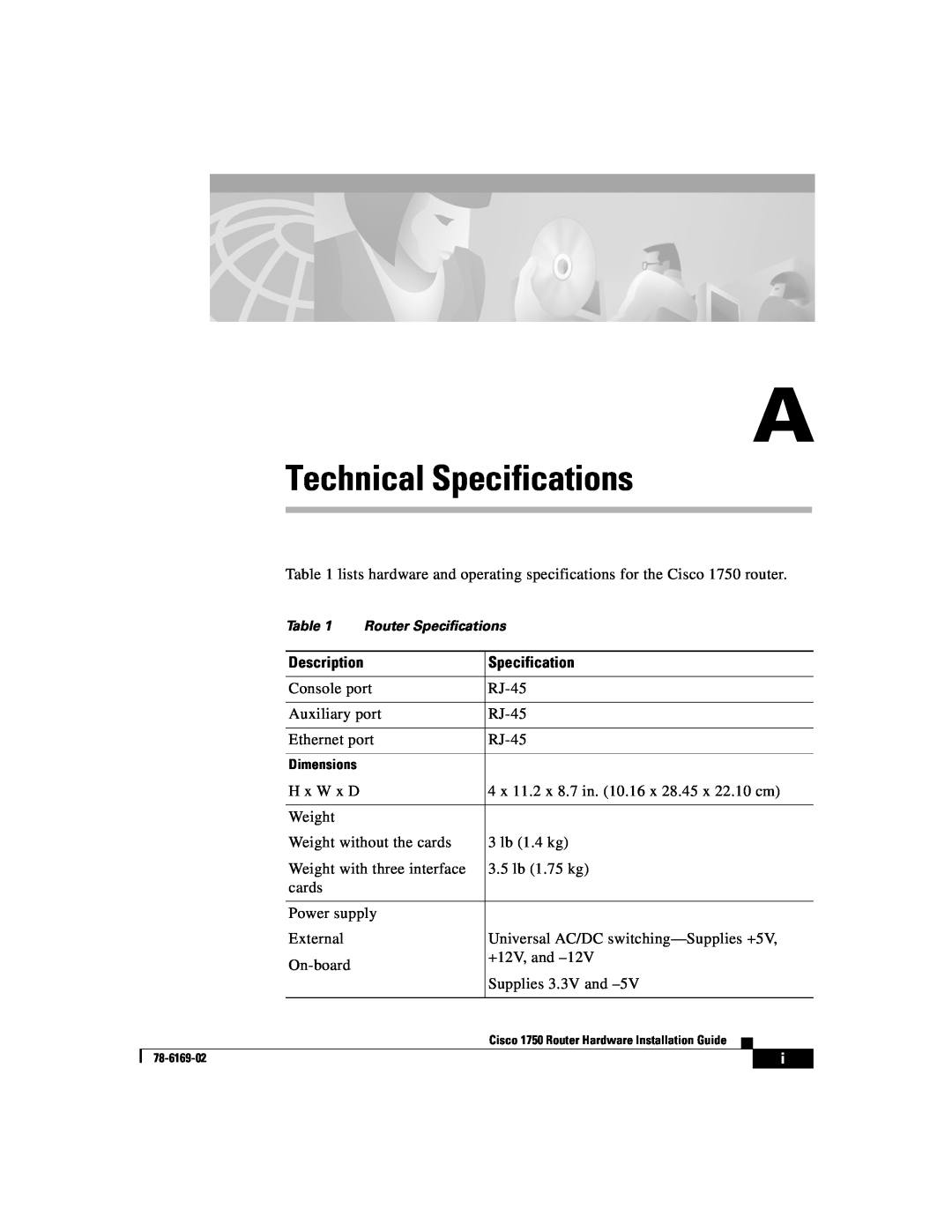 Cisco Systems CISCO1750 manual Technical Specifications 