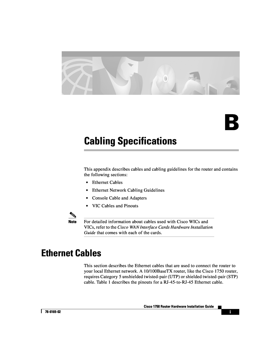 Cisco Systems CISCO1750 manual Cabling Specifications, Ethernet Cables 
