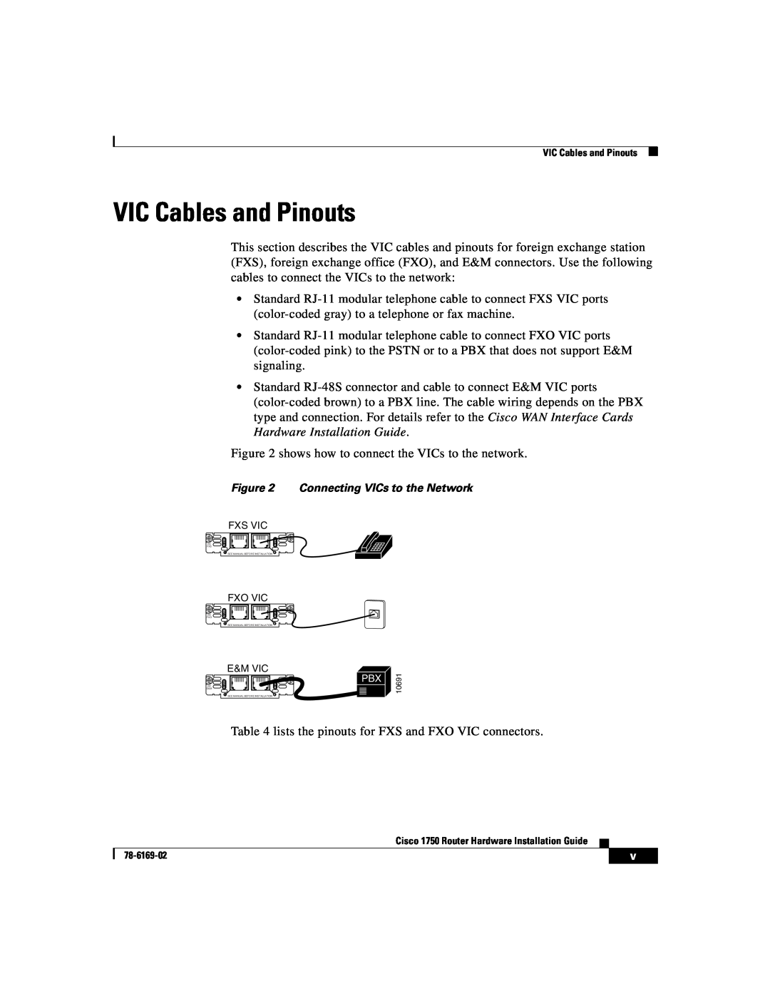 Cisco Systems CISCO1750 manual VIC Cables and Pinouts 