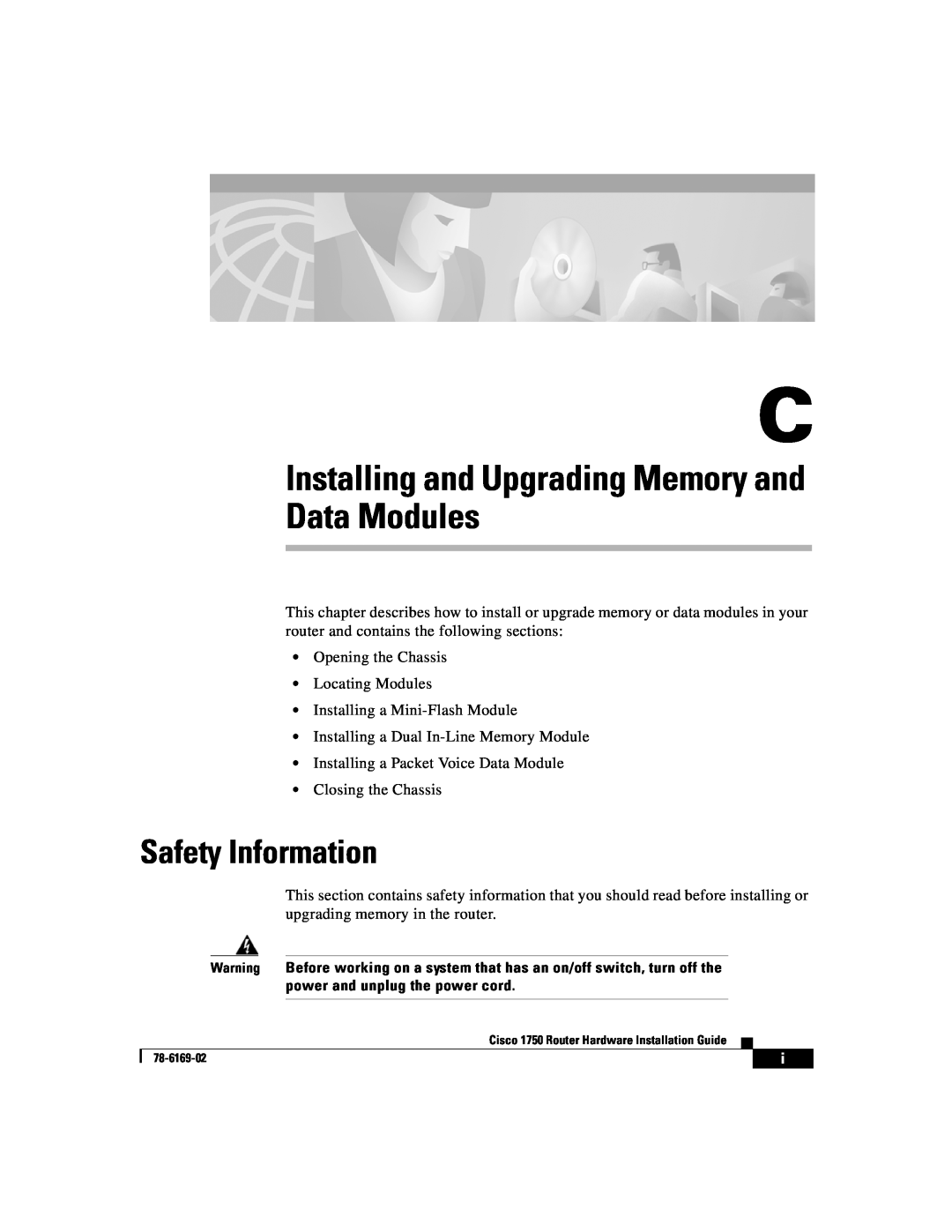 Cisco Systems CISCO1750 manual Installing and Upgrading Memory and Data Modules, Safety Information 