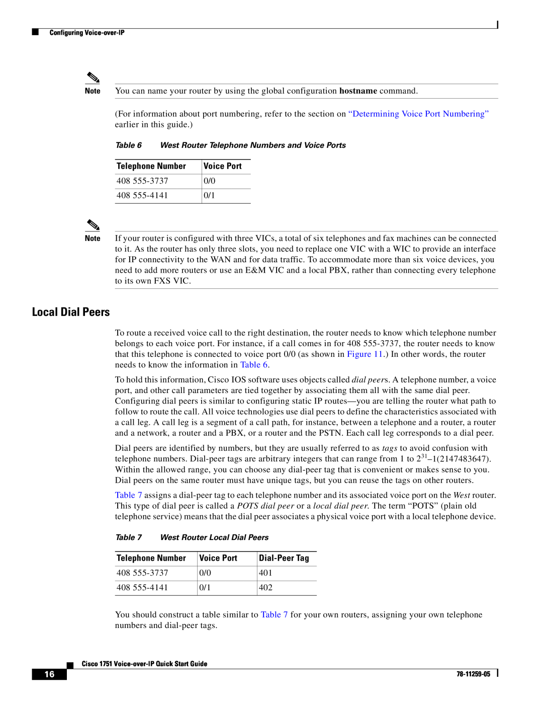 Cisco Systems CISCO1751 quick start Local Dial Peers, Telephone Number, Voice Port, Dial-Peer Tag 