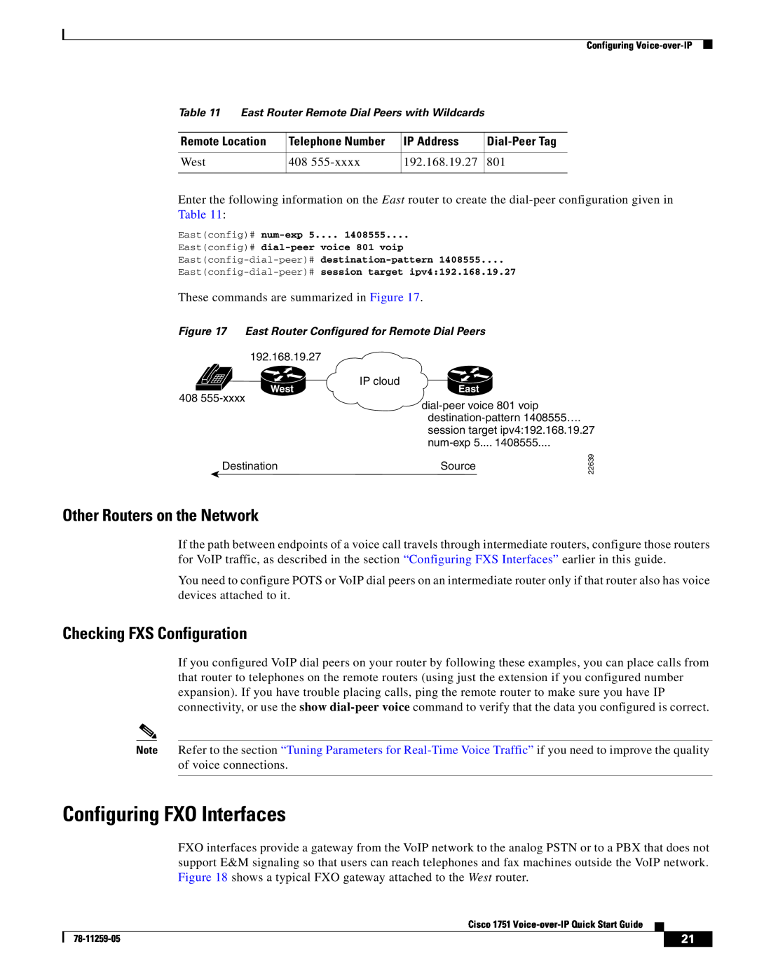 Cisco Systems CISCO1751 Configuring FXO Interfaces, Other Routers on the Network, Checking FXS Configuration, IP Address 