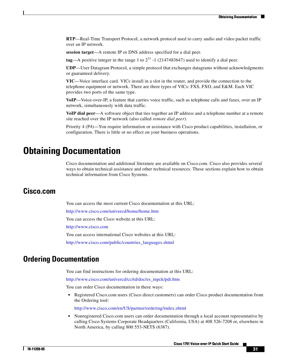 Cisco Systems CISCO1751 quick start Obtaining Documentation, Cisco.com, Ordering Documentation 