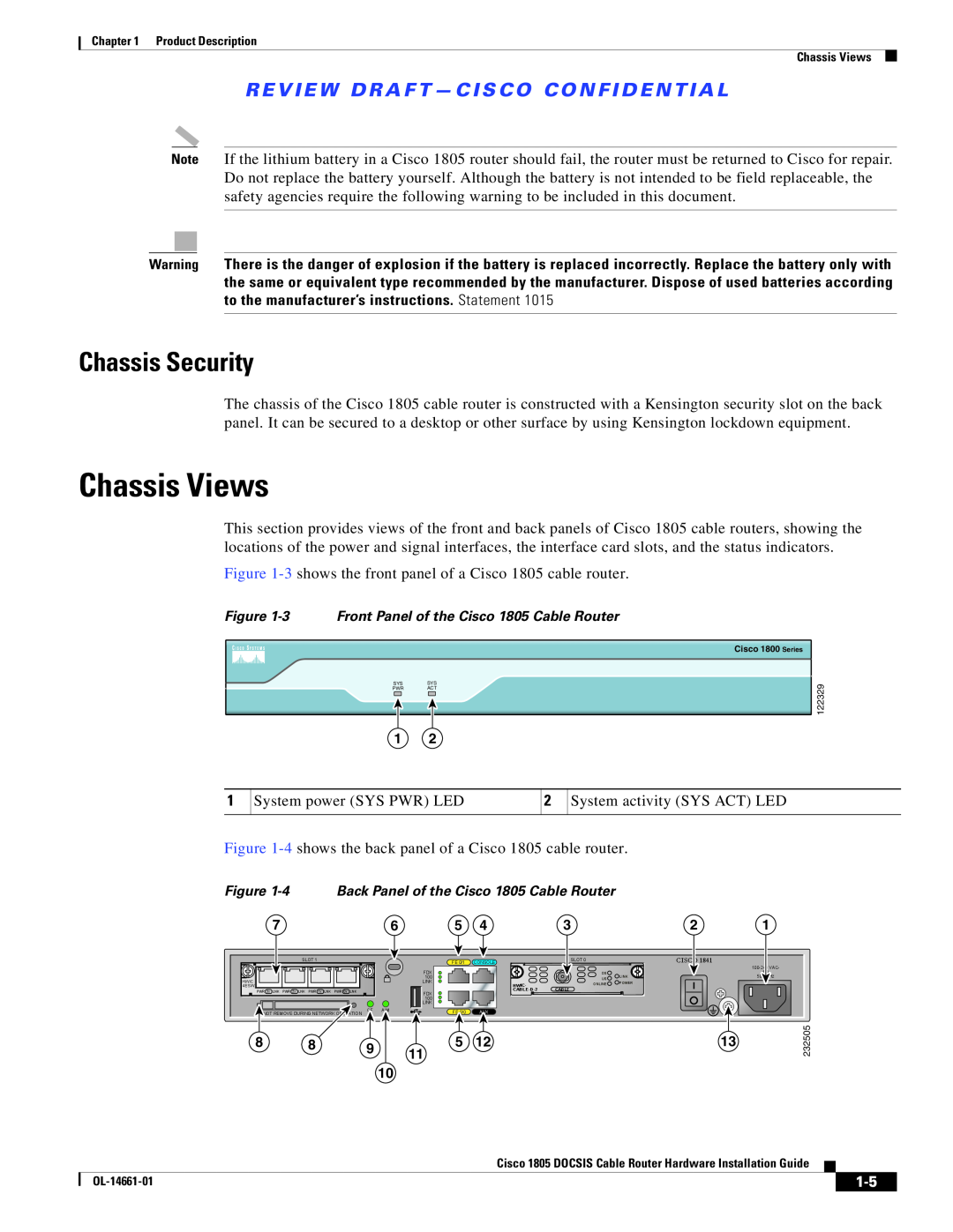 Cisco Systems CISCO1805-D/K9, CISCO1805-E specifications Chassis Views, Chassis Security, Review Draft - Cisco Confidential 