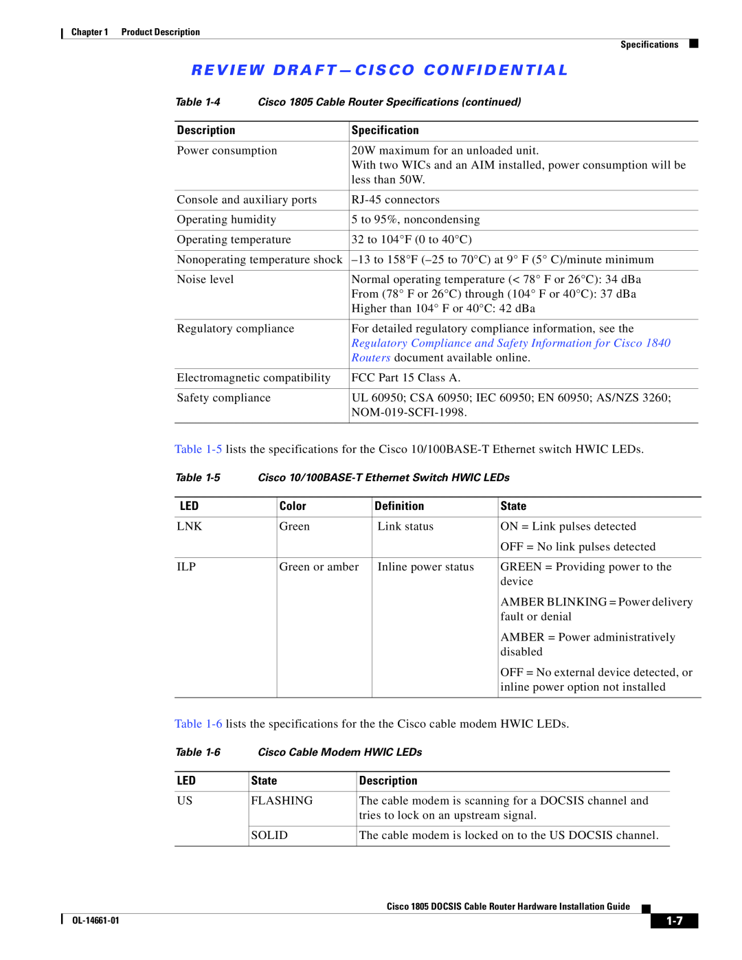 Cisco Systems CISCO1805-D Definition, State, Review Draft - Cisco Confidential, Description, Specification, Color 