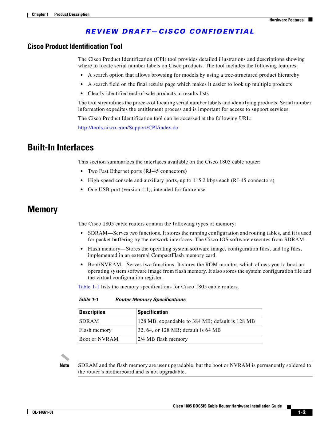 Cisco Systems CISCO1805-E, CISCO1805-D/K9 specifications Built-In Interfaces, Memory, Description Specification, Sdram 